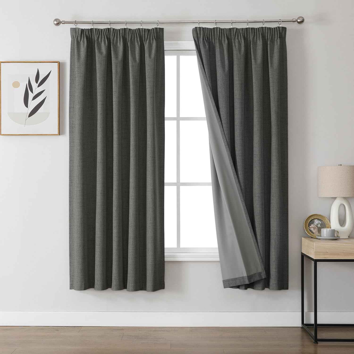Joydeco 100% Blackout Curtains Bedroom 55 x 69 Inch Drop, Faux Linen Pencil Pleat Thermal Insulated Drapes with Coating Back Layers for Room Darkening Privacy Protection, 2 Panels, Grey