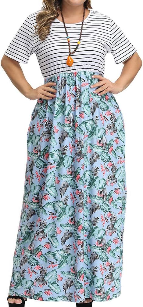 ALLEGRACE Women Plus Size Dress Summer Boho Short Sleeve Casual Party Beach Maxi Dresses P47 Light Banana Leaf SkyBlue 1X