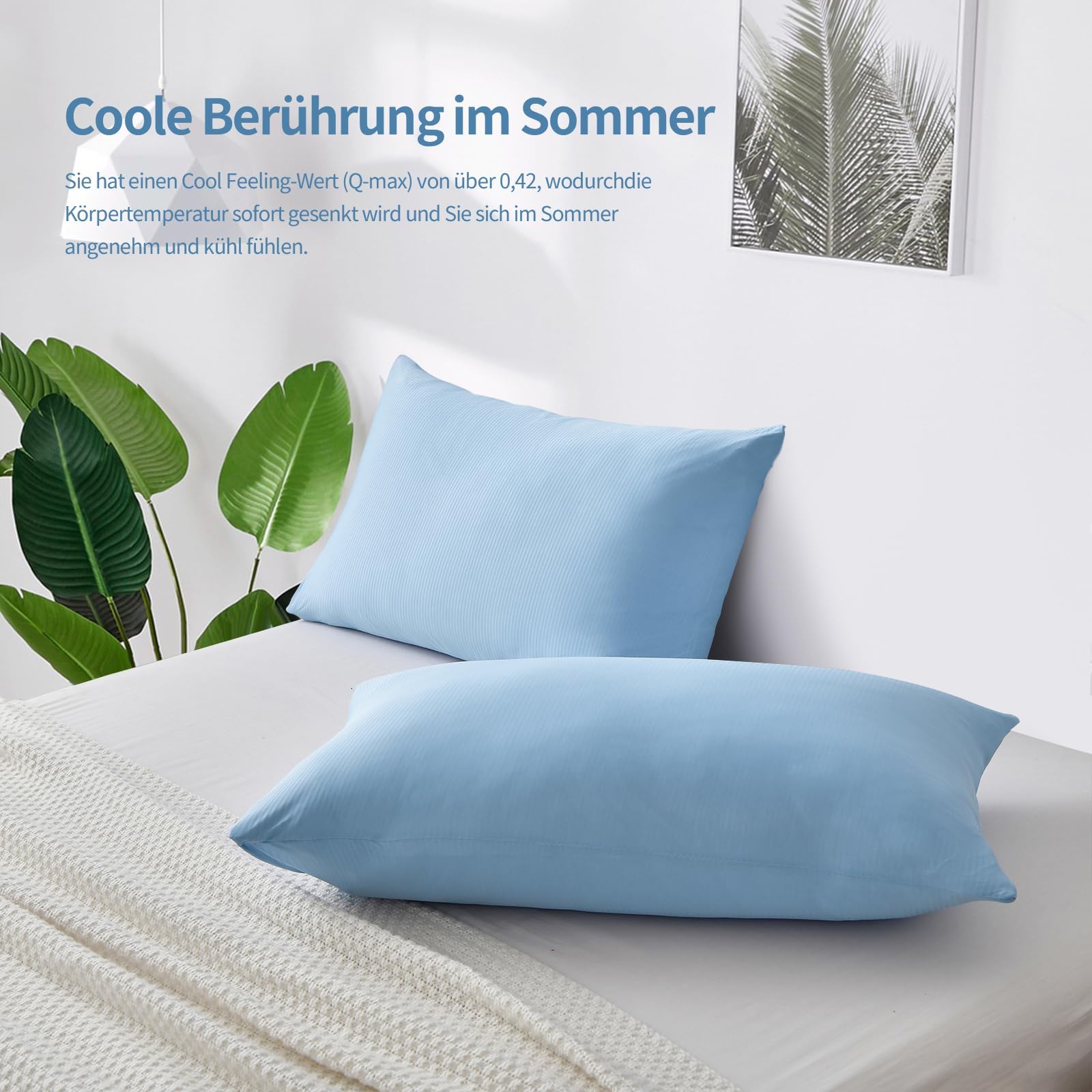 WONGS BEDDING Kühlender Kissenbezug 80 x 80 cm 2er Set, Sommer Kopfkissenbezug mit Japanische Arc-Chill Q-Max 0,43 Kühlfasern Atmungsaktive Superweiche Kissenbezüge, Blau