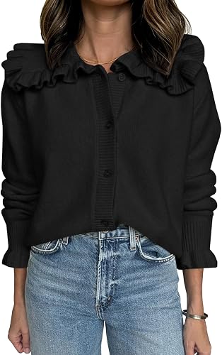 UNCLECAT Womens Ruffle Collar Cardigan Sweaters Button Up Long Sleeve Sweater Cute Soft Knit Tops for Fall Winter