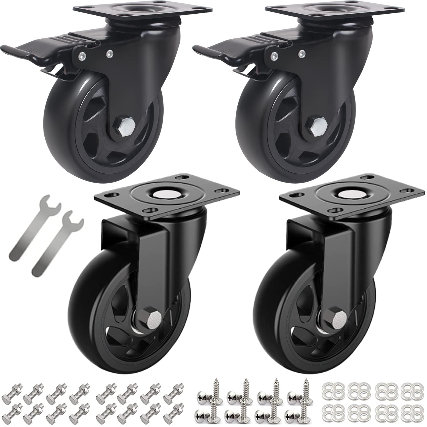4 Inch Casters Set of 4 Heavy Duty,Heavy Duty Casters with Brake, Dual Locking Polyurethane Plate Caster Wheels for Cart, Load 2000lbs (2PCS Locking