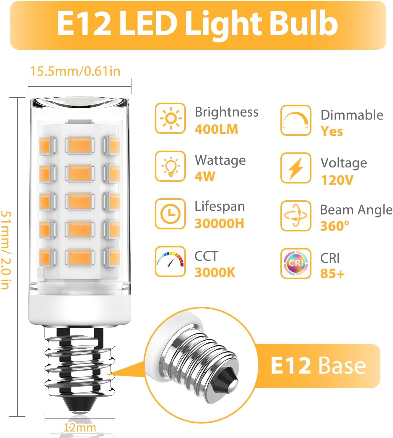 YUIIP Dimmable E12 LED Bulb 4W Equivalent 40W Halogen, 3000K Warm White AC120V C7 E12 Candelabra Base Light Bulbs for Ceiling Fan Chandelier, 400LM, 6 Pack