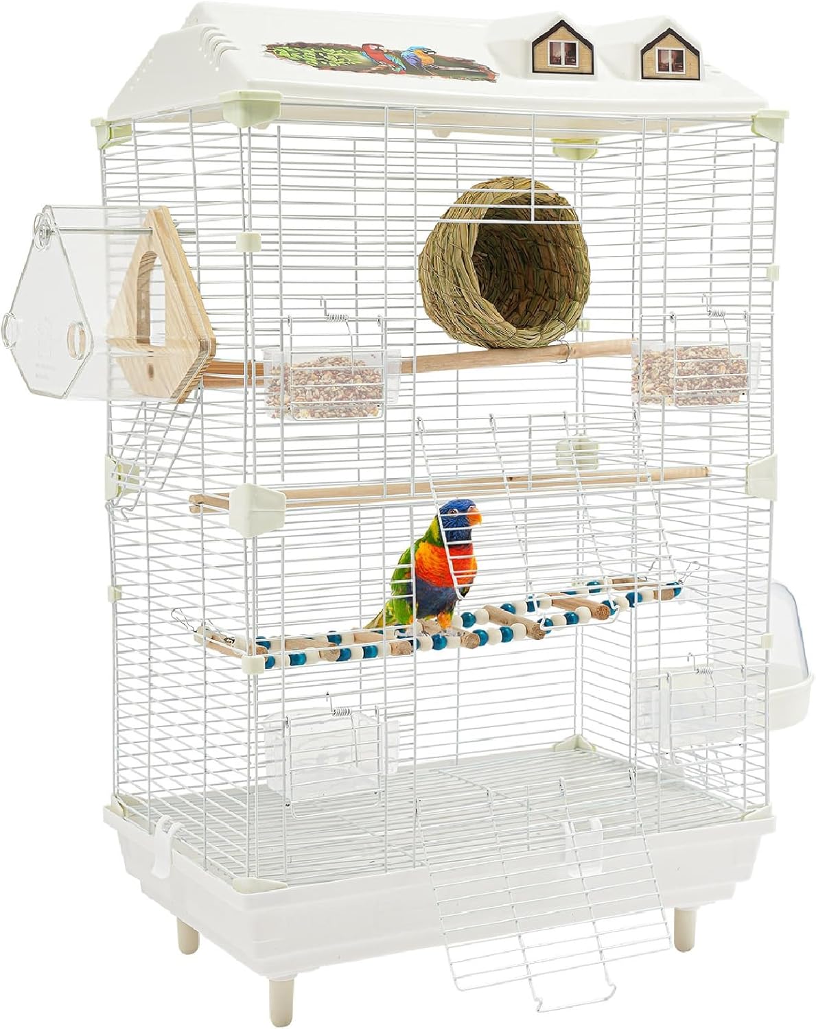 2 Tiers White Bird Cage Stand, 24.8inch Acrylic Parrot Cage Dual-Door, Parakeet Cage with Handles, Pet Birds Flight Cage with Ladder, Bird Nest and Food Boxes (White-C)