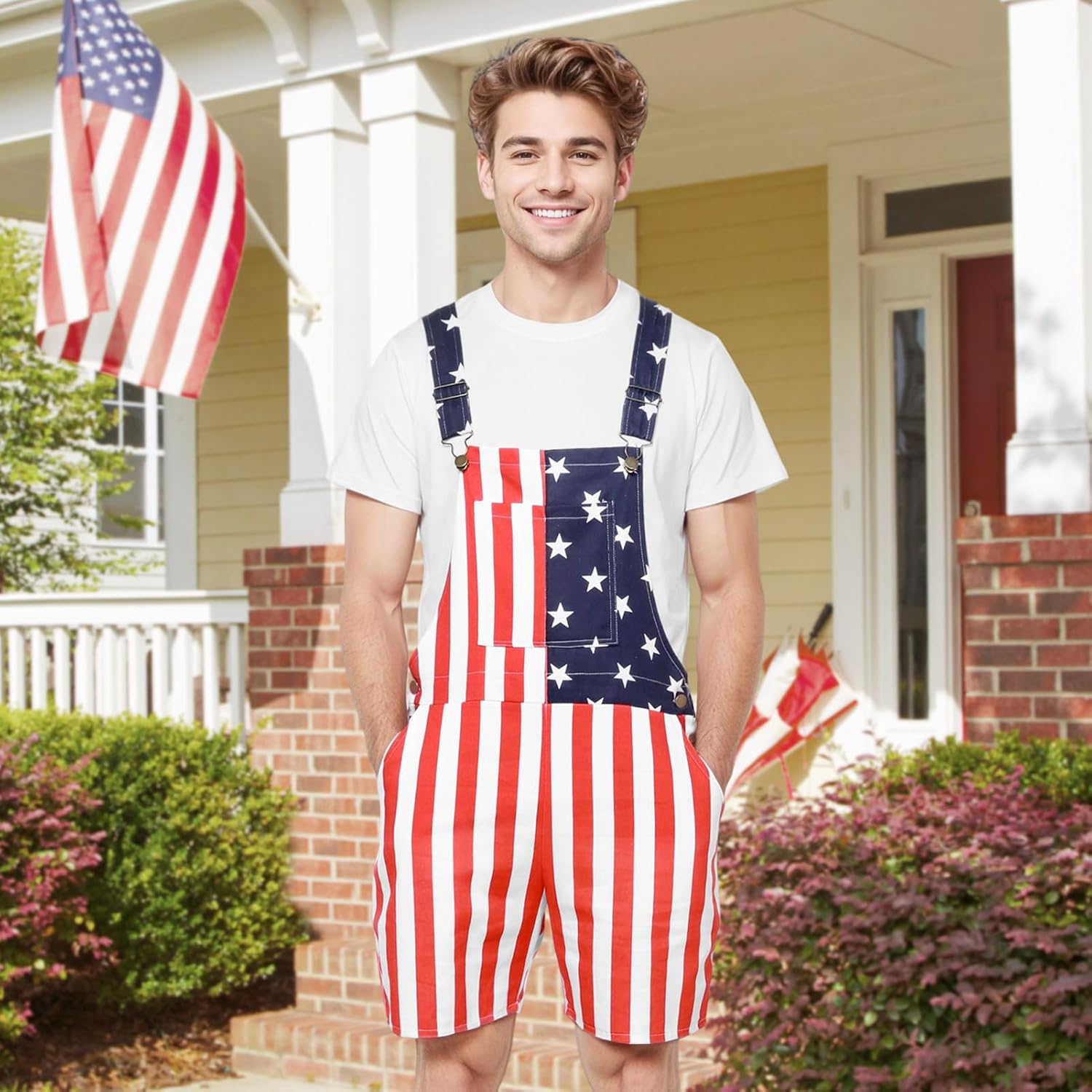 American Flag Overalls Men,Red White and Blue American Flag Shorts,4th of July Overalls for Men