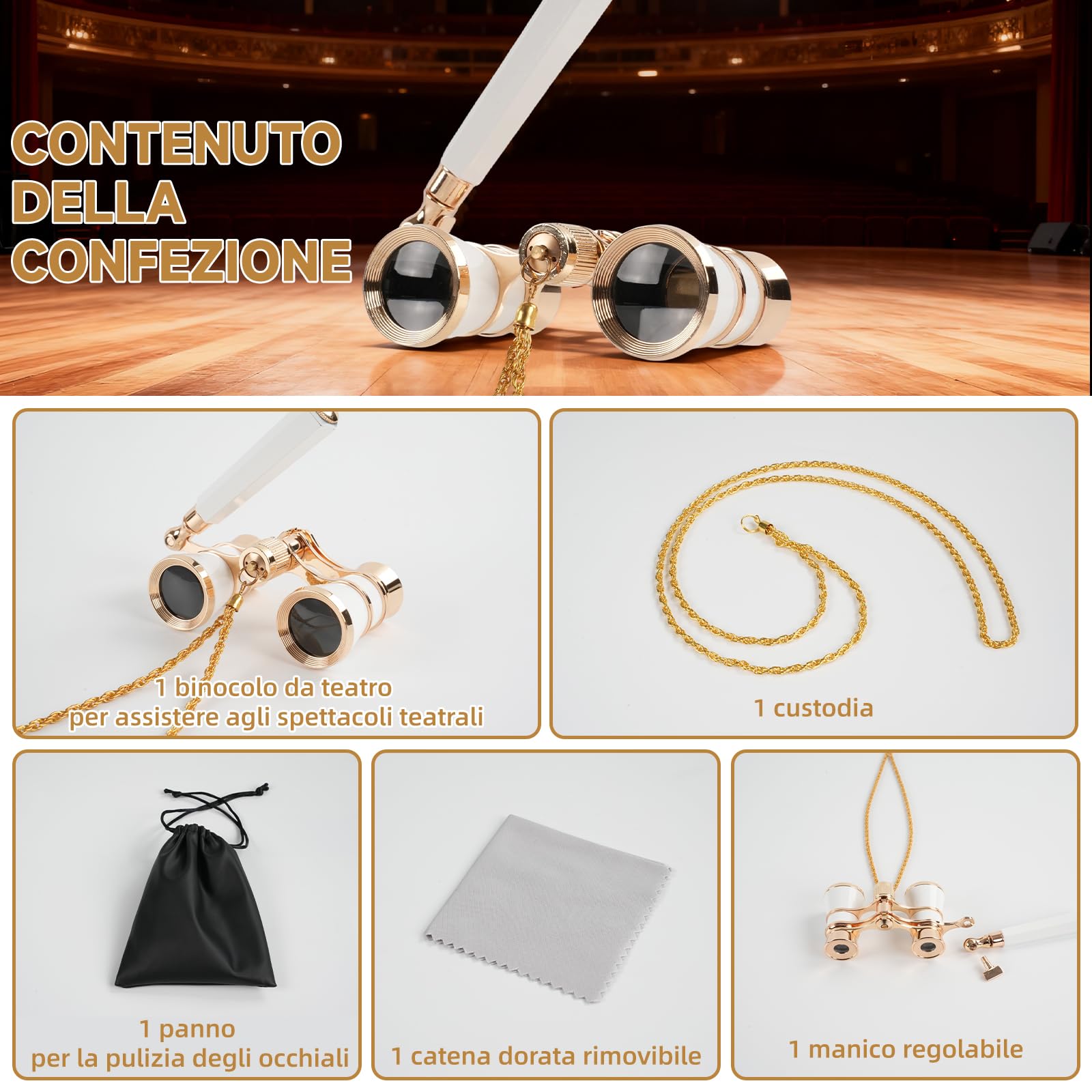 Binocolo da Teatro 3x25 Bianco - Vintage Portatile con Manico e Catena, per Opera, Concerti e Regali
