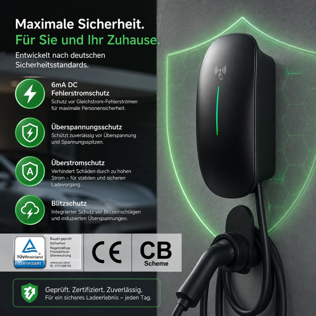 22 kW Wallbox Ladestation | Typ 2 Ladekabel 7m | WLAN, LAN & 4G | 6 mA DC-Fehlerstromschutz | App-Steuerung & 4 RFID-Karten | Schwarz | OCPP 1.6 & 2.0 | Lastmanagementfähig (11 kW(5m Kabel))