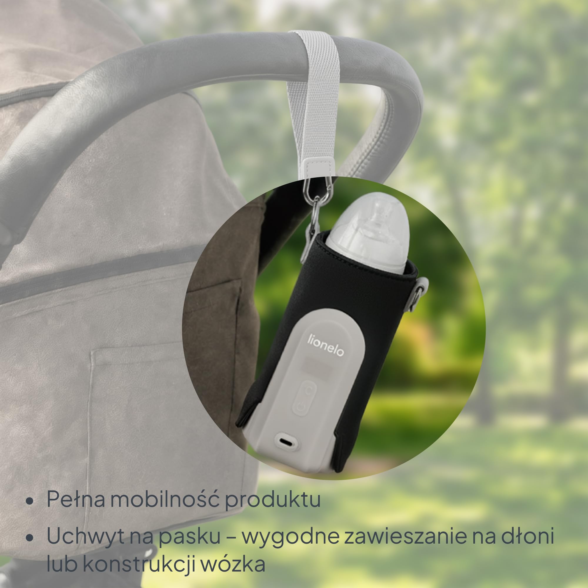 Lionelo Thermup Go Evo Zaawansowany przenośny podgrzewacz do butelek z baterią USB-C 9 godz., wyświetlacz LCD, 5 ustawień temperatury 38-50°C, pasuje do butelek 50-80 mm, kompatybilny z ładowarką