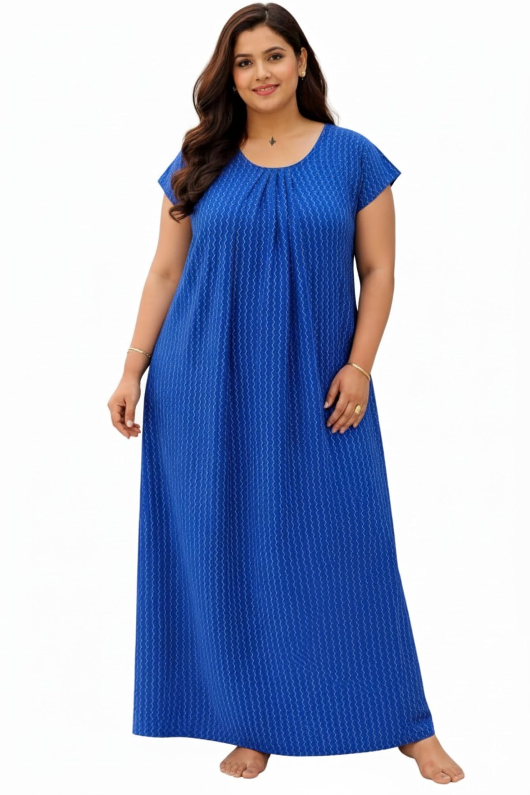 3XL - Women's Plus Size Nighties, Blue Printed Maxi Nightdress with Short Sleeves, Night Gown-image-3