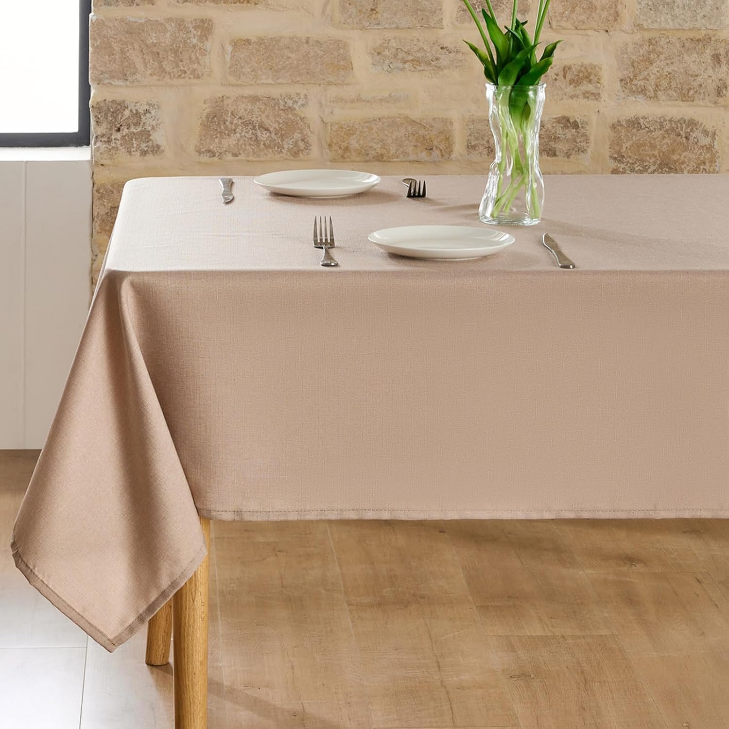OpifeTela Rectangular Linen-Textured Tablecloth, Waterproof, Stain-Resistant, Suitable for Dining Rooms, Kitchens, Parties, picnics, and Other Occasions. Machine Washable (Khaki, 102″x 52″)