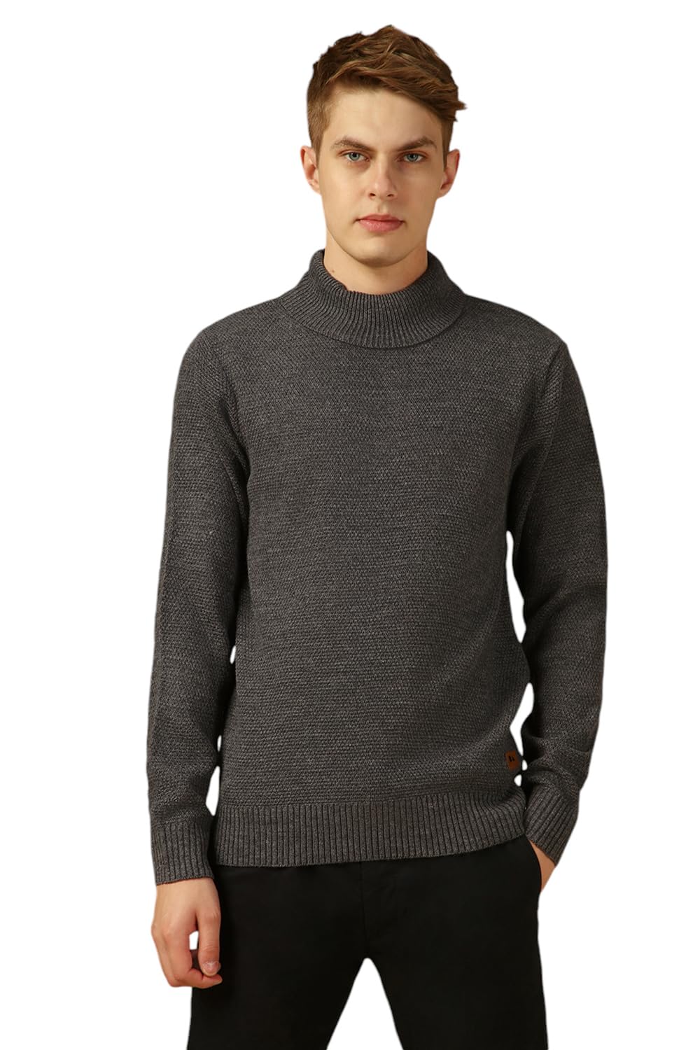 Men Grey Solid Slim Fit Full Sleeve Turtle Neck Pullover