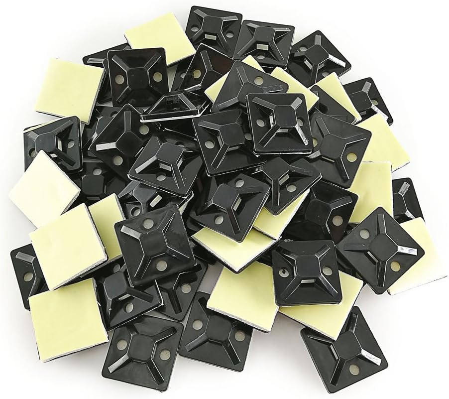Best Seller HS Cable Tie Mounts Self Adhesive with Screw Hole Zip Wire Tie Mounting Base Holder (100 Pack) Squares 1x1 Inch,Black
