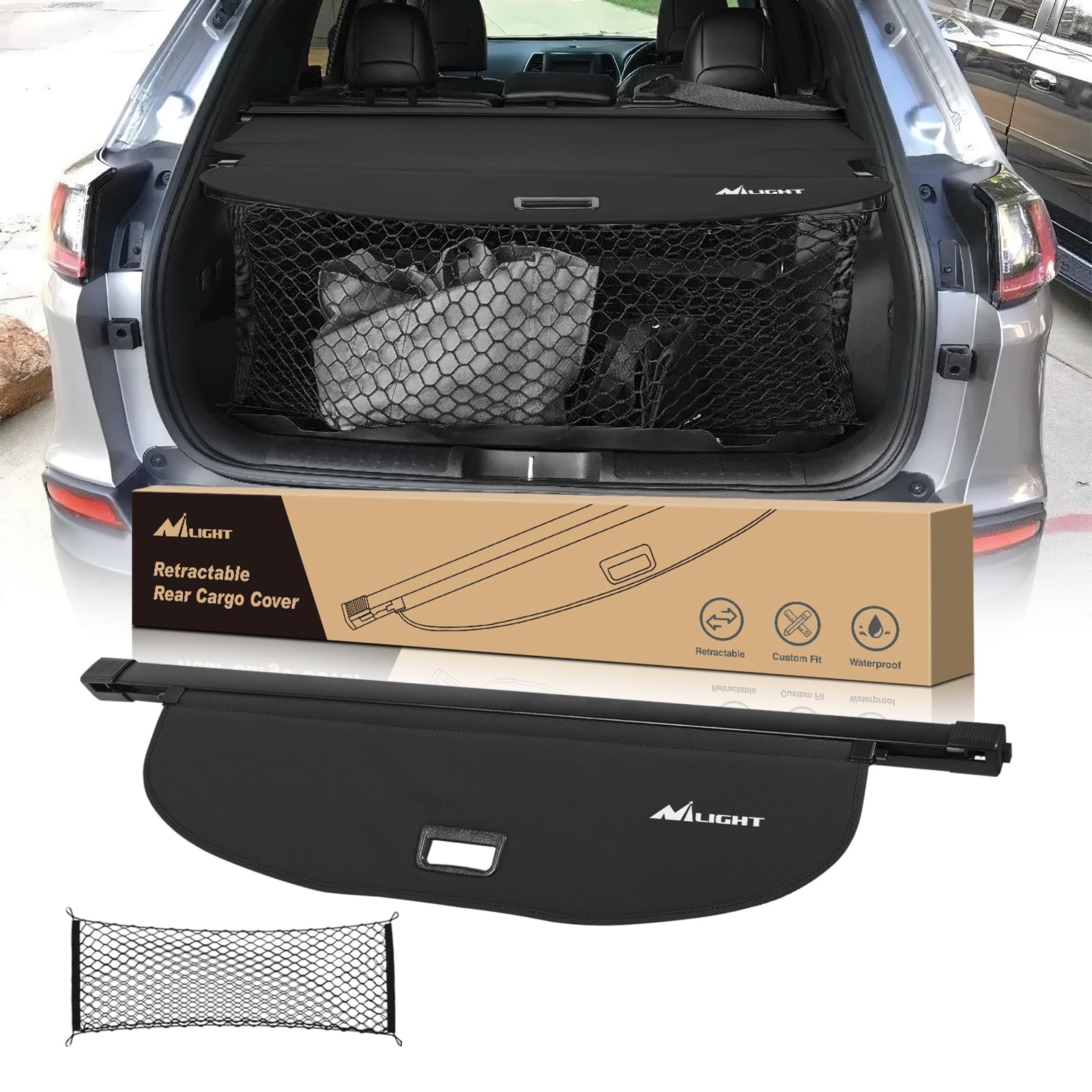 Nilight Trunk Cargo Cover for Jeep Cherokee Accessories 2019 2020 2021 2022 2023, Retractable Security Shade Rear Cargo Cover, with Trunk Storage Net,