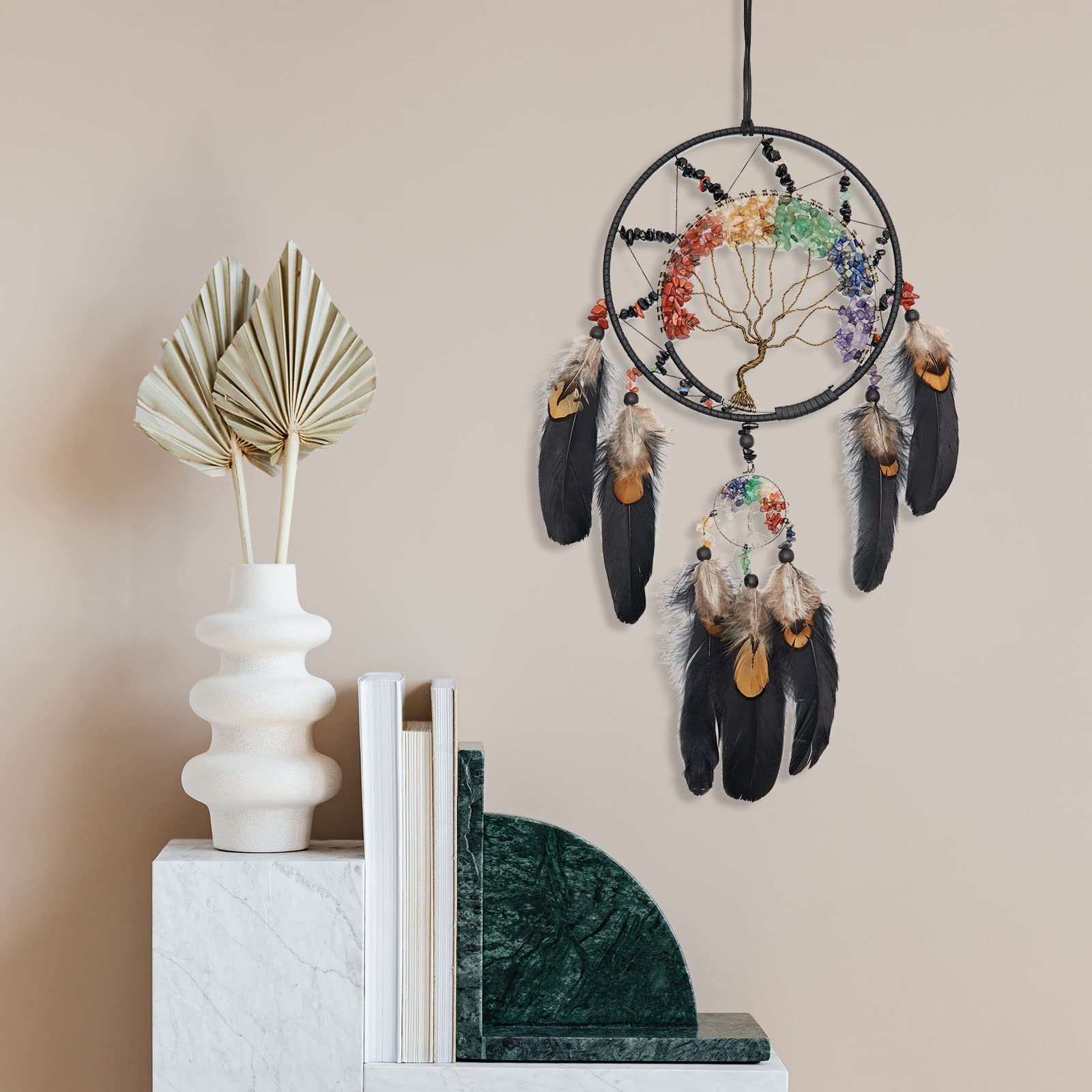 7 chakra albero della vita, acchiappasogni, decorazione da parete arcobaleno, cristallo di guarigione, pietra fatta a mano, piuma nera, brand