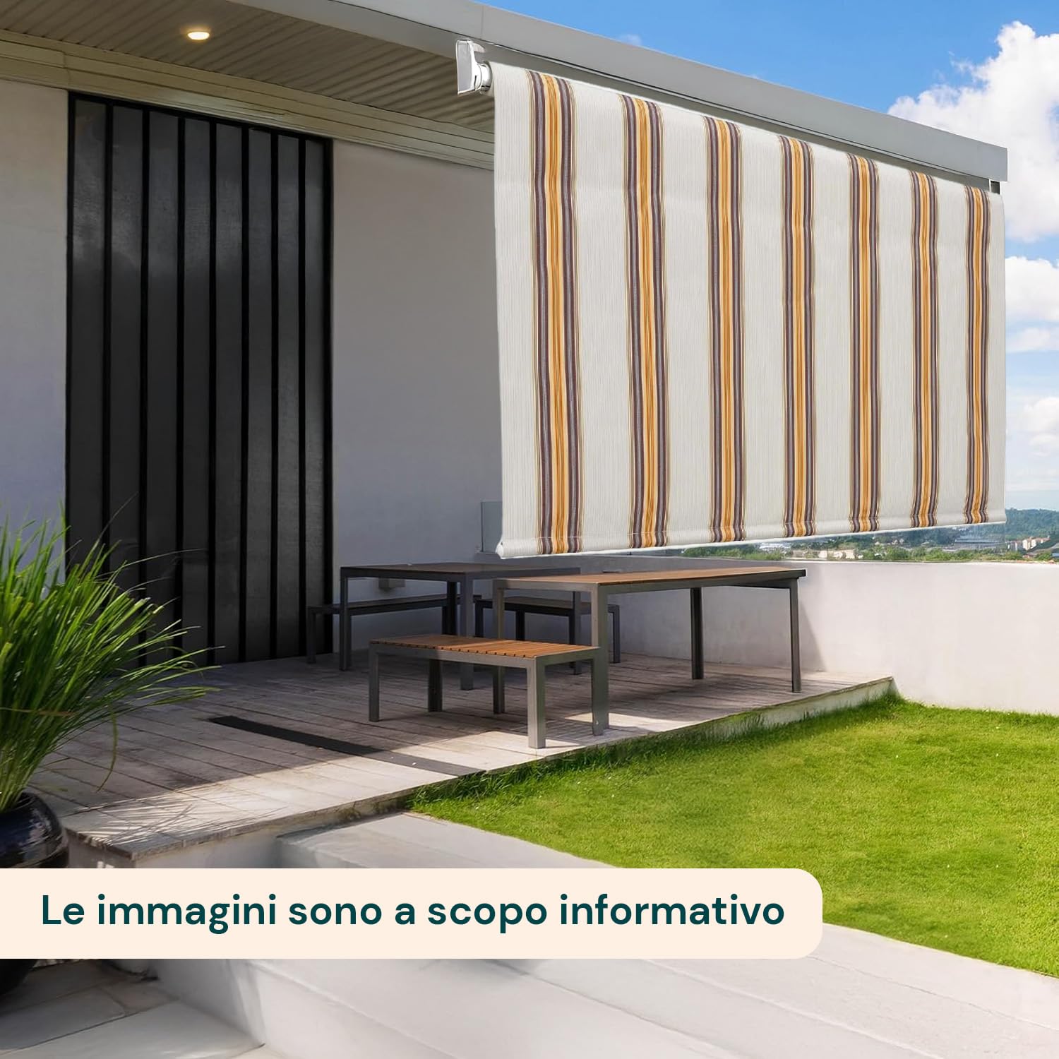 Tenda da Sole a Caduta 150x250 cm con Rullo in Alluminio, Parasole Esterno a Righe Beige, Attacco Soffitto Incluso