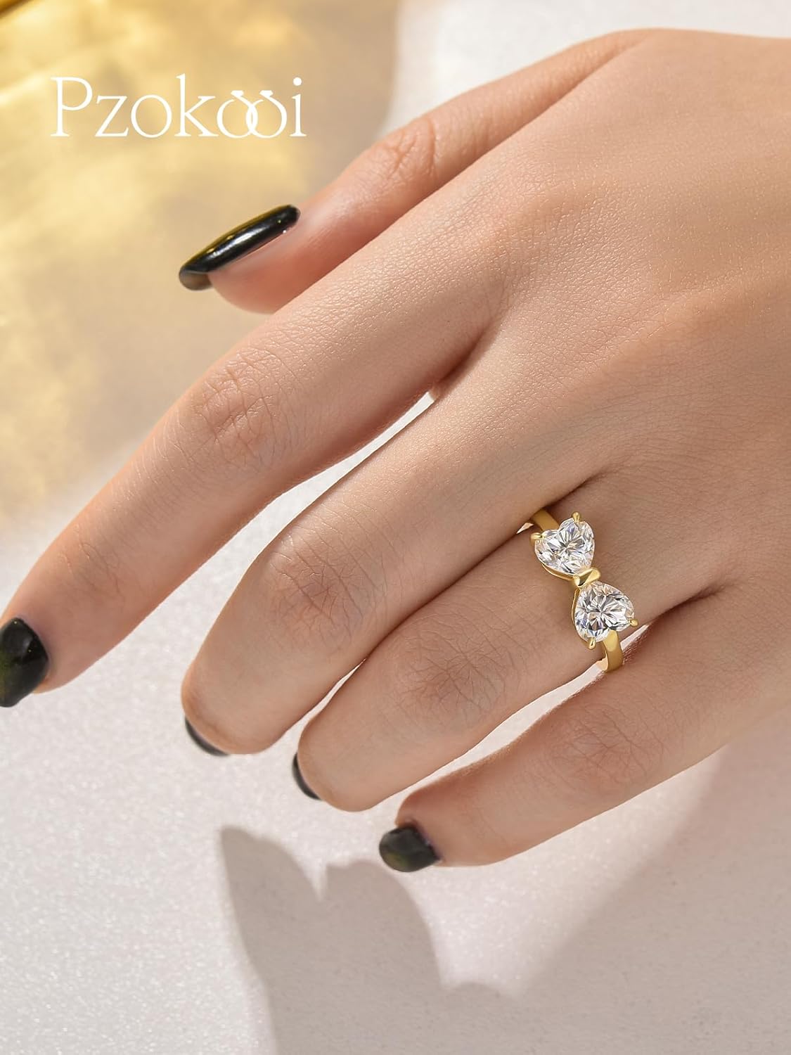 2.0 Carat Moissanite Bow Engagement Ring, 14K Thick Gold Plated 925 Sterling Silver, Two D-Color Heart Shaped Gemstone, Trendy Wedding Promise Ring for Women - Image 4