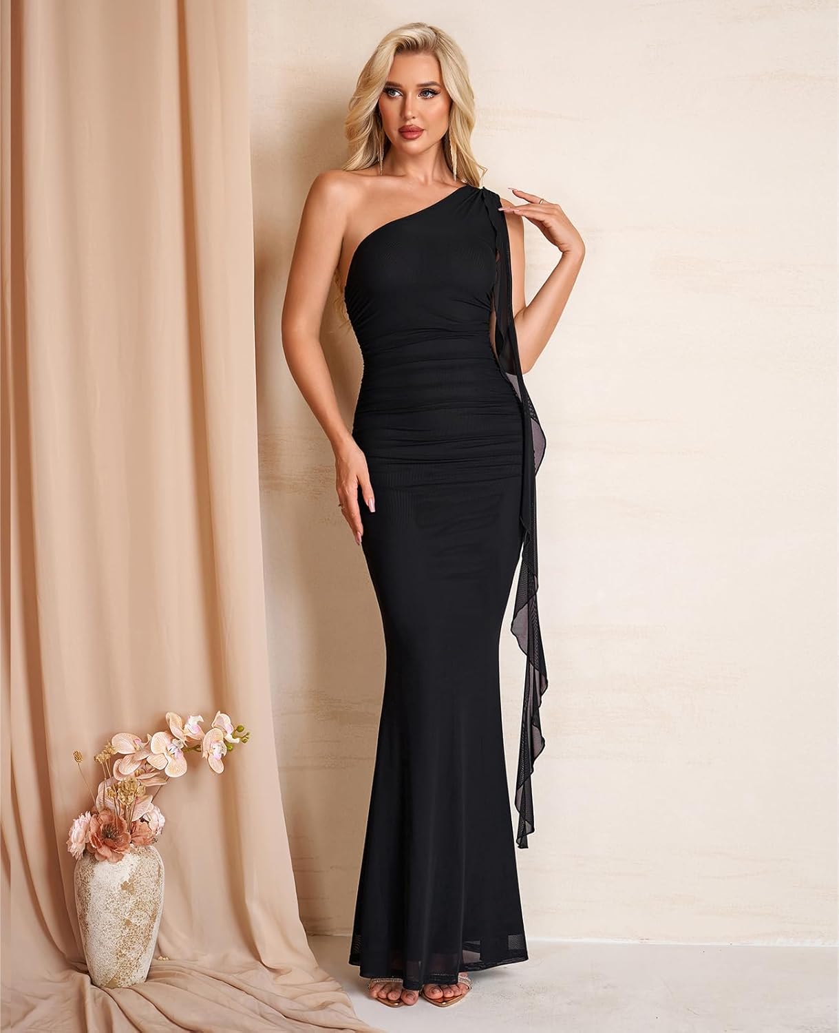 XinFSh Women's Ruffle Wedding Guest Bodycon Maxi Dress One Shoulder Long Formal Cocktail Party Dresses