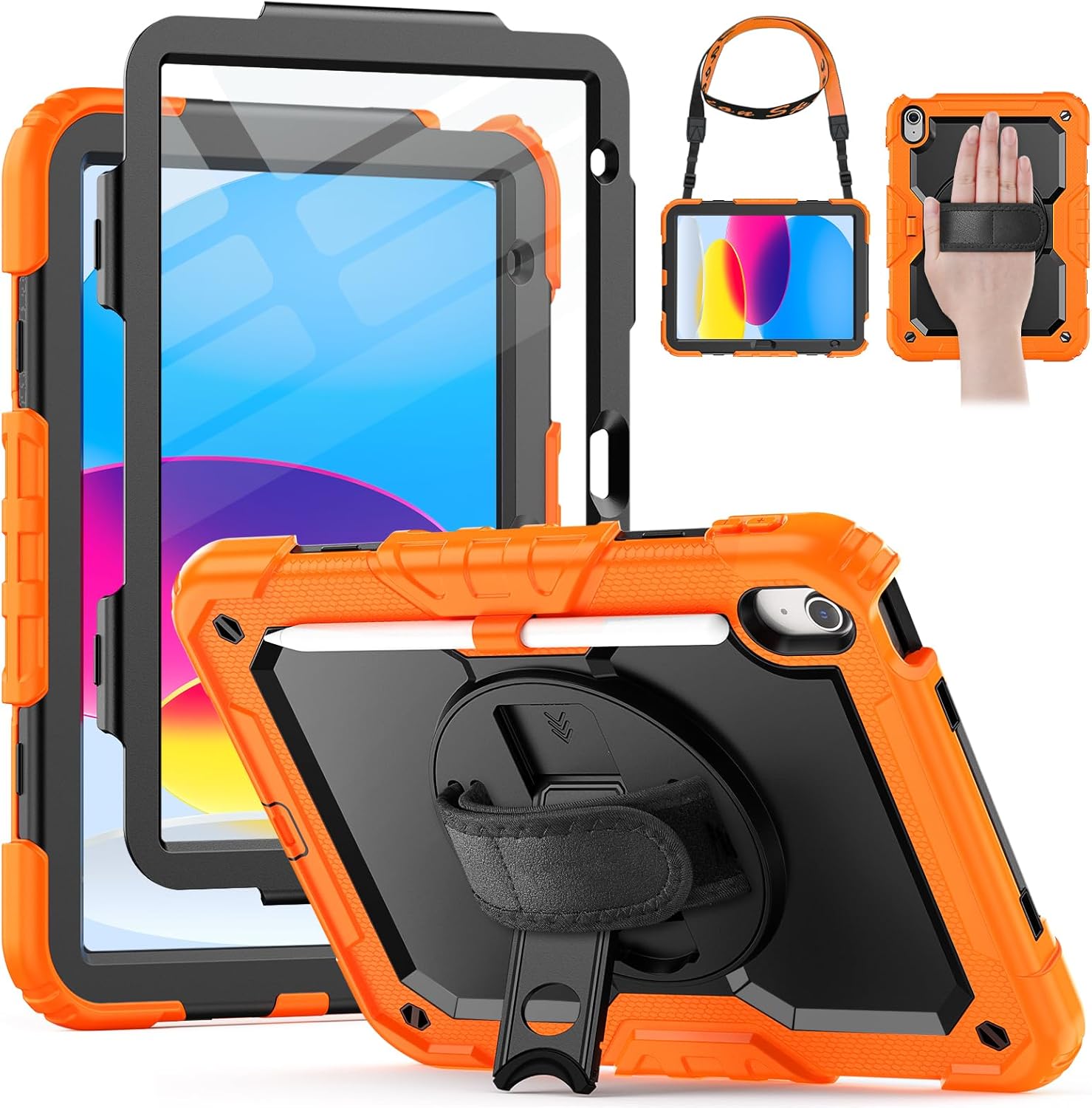 HXCASEAC Heavy Duty Case for iPad A16, iPad 11th 10th Generation Case, with Screen Protector, Pencil Holder, Rotating Stand, Detachable Hand/Shoulder Strap (A2969/A2757/A3354/A3355/A3356), Orange
