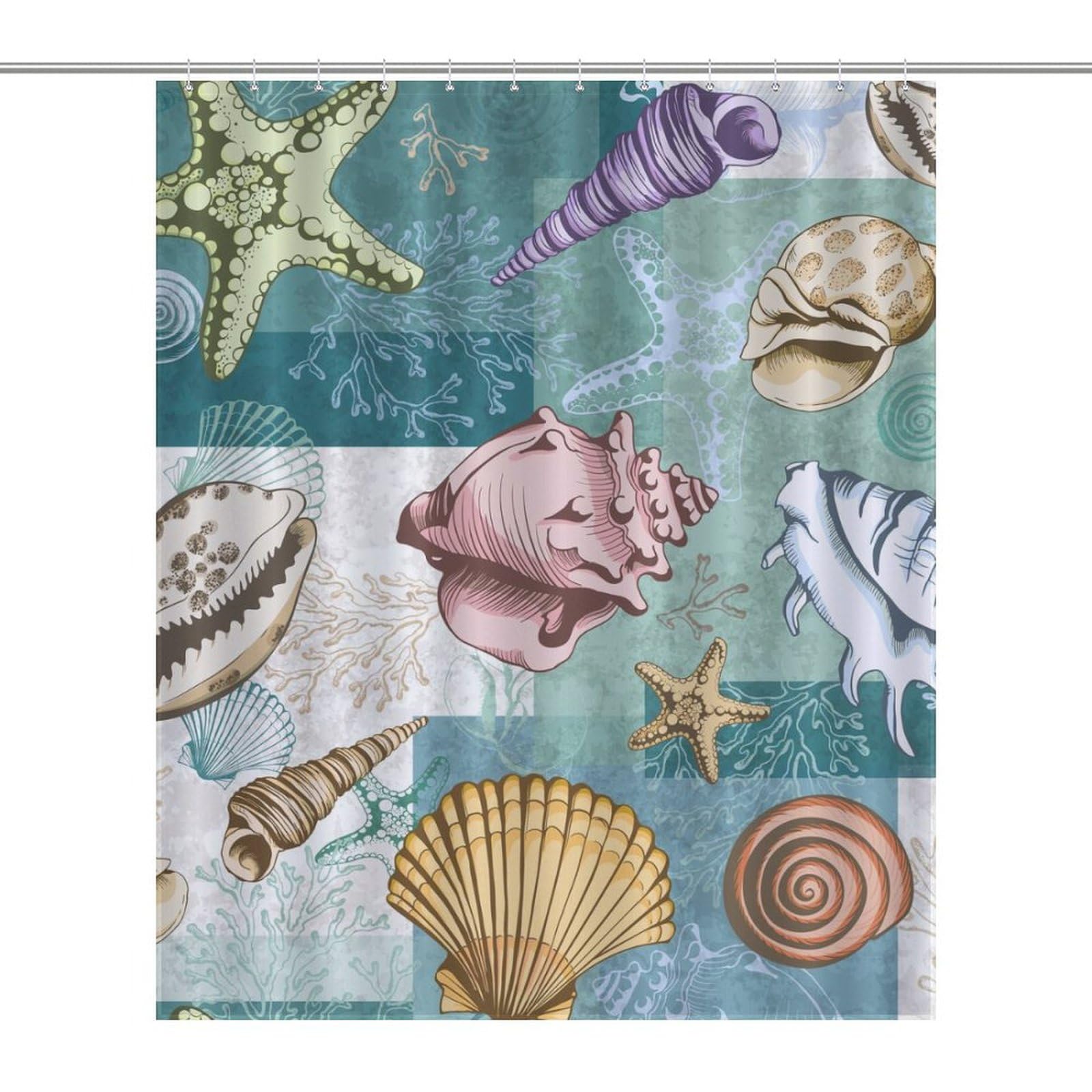Rideau de douche motif coquillages pour créer une ambiance bord de mer dans votre salle de bain