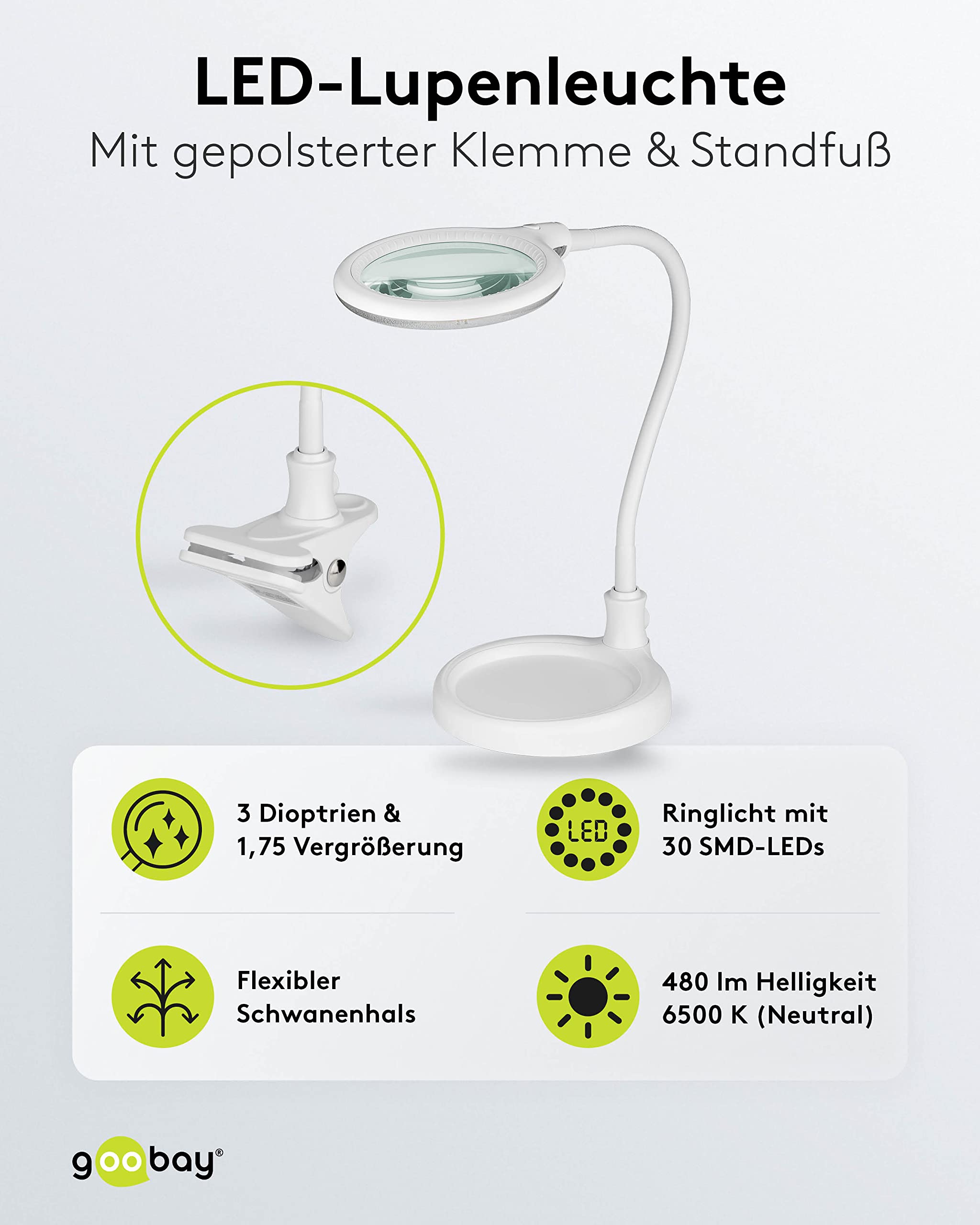goobay 60359 LED lampa z lupą – lampa z lupą ze stojakiem – lupa stojąca – pobór mocy 6 W – temperatura barwowa 6200 K – strumień świetlny 480 lm, biała