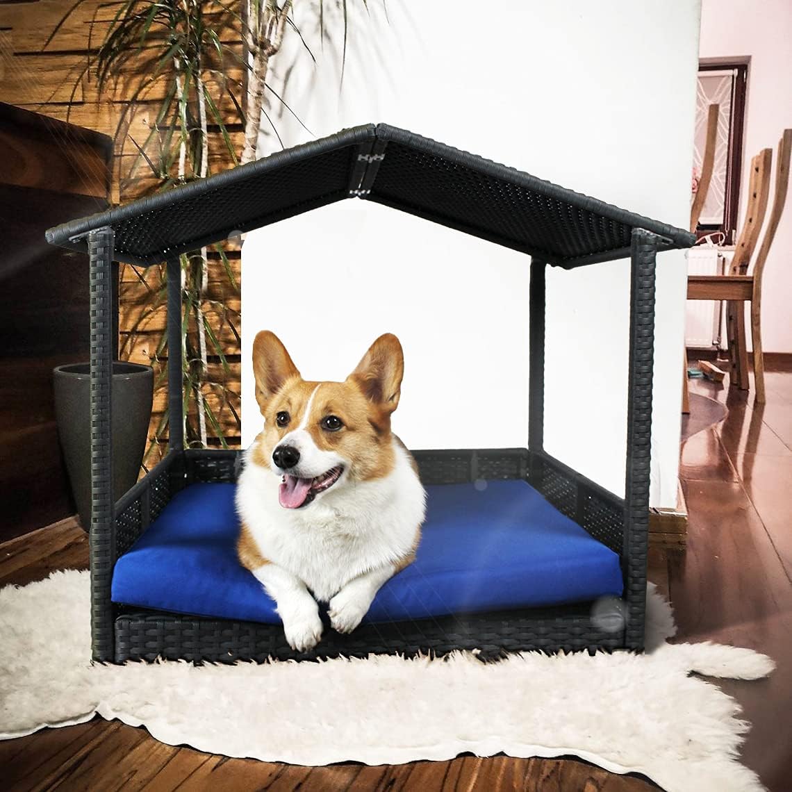 Leaptime Pet Playpens Black PE Wicker Outdoor Indoor Dog Sofa Royal Blue Cushion Rabbit Outside Bed with Roof Patio Cat Chair Outdoor Wicker Dog Bed Canopy Cage