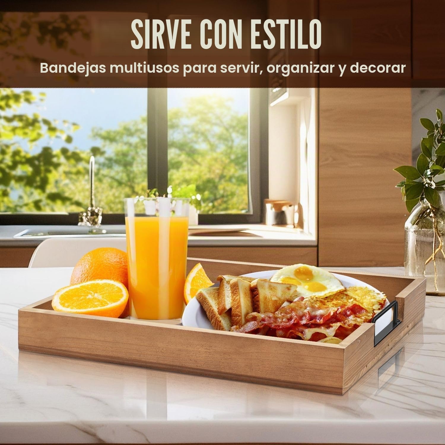 Flexzion Juego de bandejas rústicas para servir – Bandeja apilable de madera de abeto de 3 piezas con asa, bandeja de desayuno de madera, bandeja de embutidos anidada duradera para mesa de café
