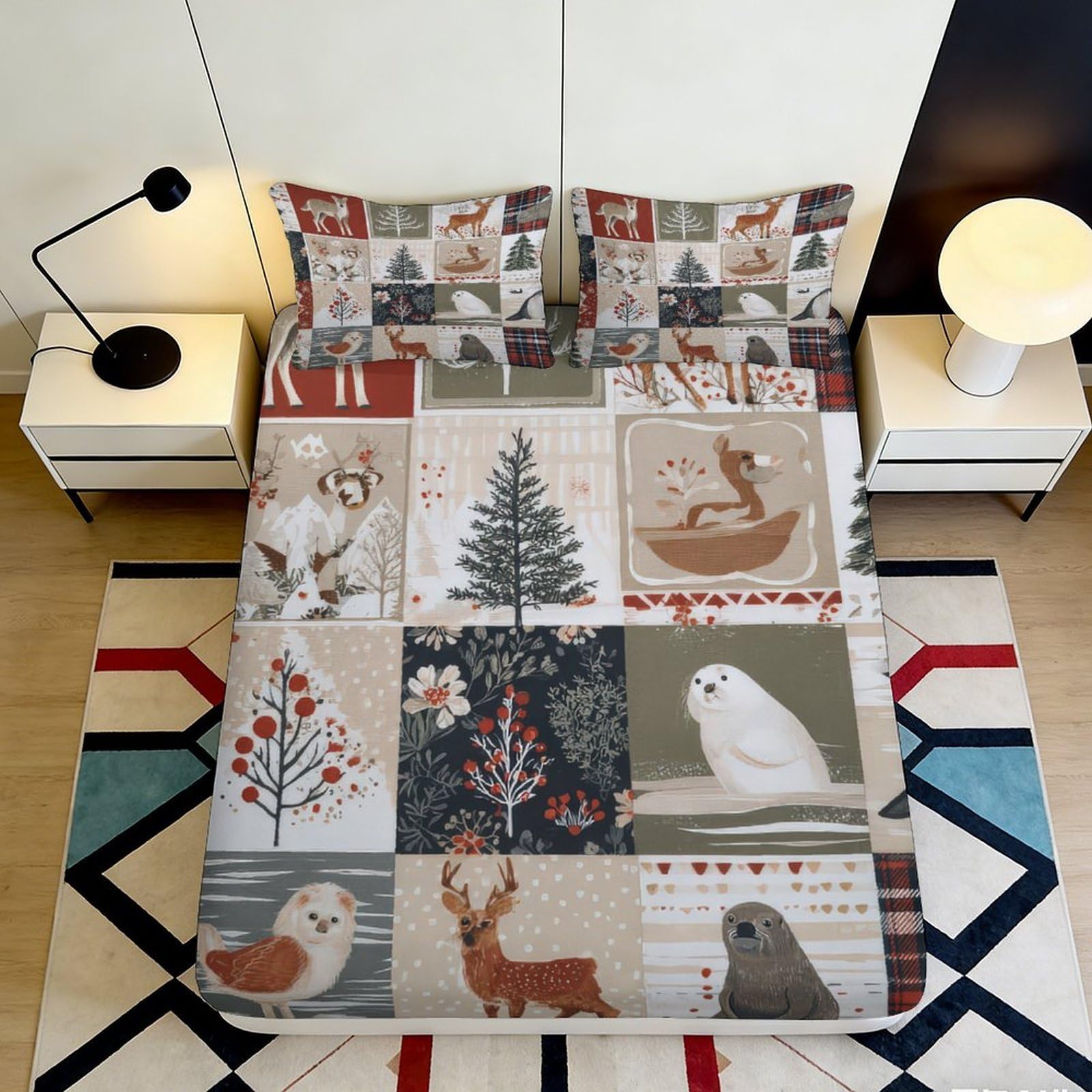 3D Printed Forest Animal Fitted Sheet Microfiber Soft Woodland Deer Owl Bed Cover for Bedroom Guest Room Decor 90x200x25cm