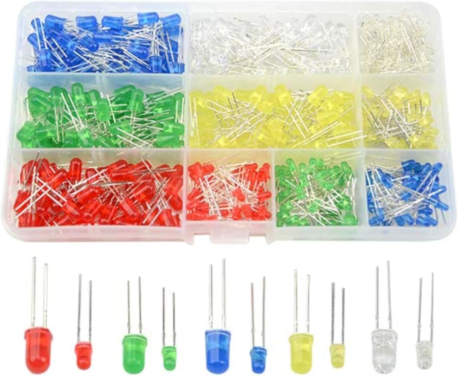 500PCS 10 Values 5 Colors 3mm and 5mm LED Light Emitting Diodes Assorted Kit Electrical Components for Lighting Bulbs and Lamps(Red Yellow Blue Green White)