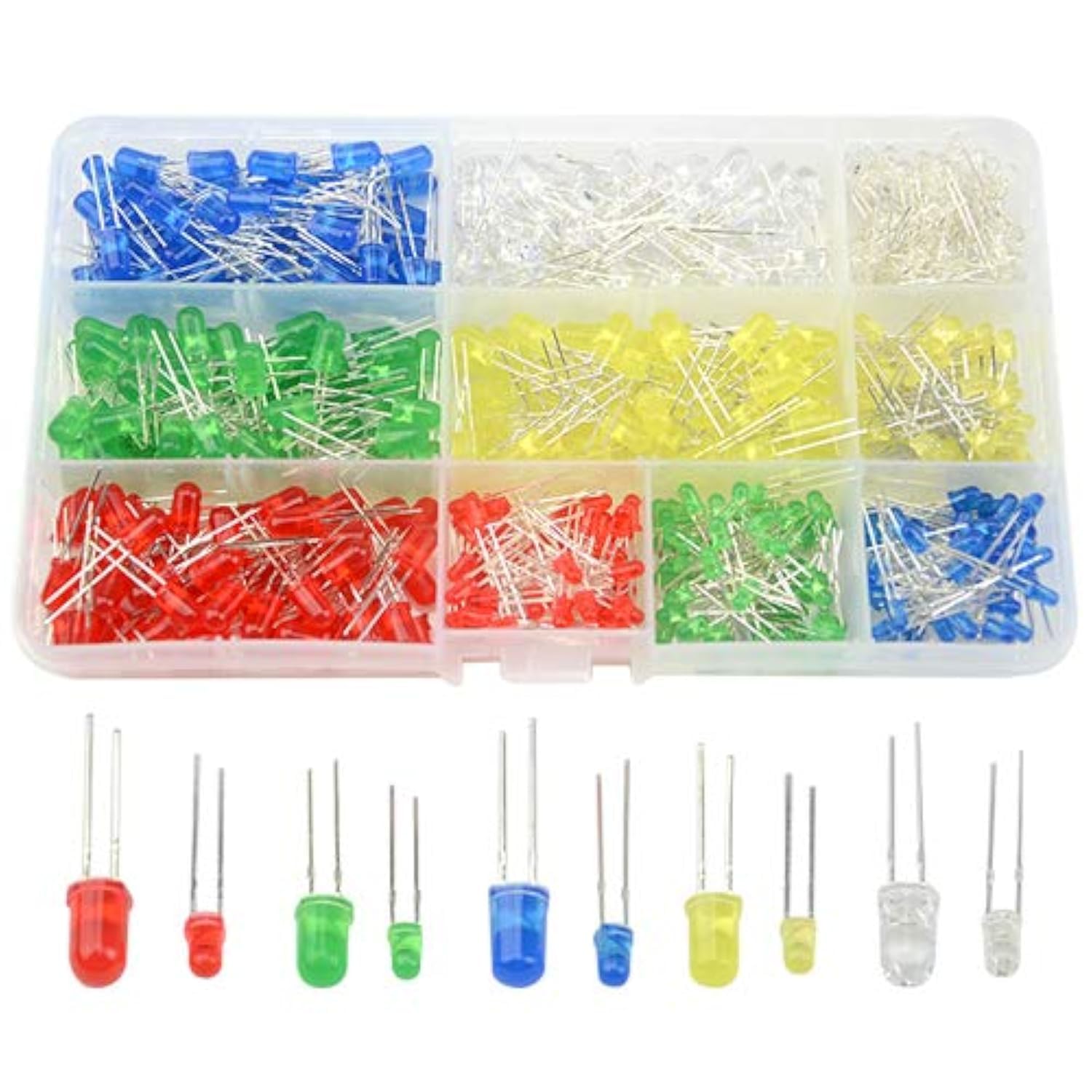 XLX 500PCS 10 Values 5 Colors 3mm and 5mm LED Light Emitting Diodes Various Kit Electrical Components for Lighting Lamps and Lamps (Red Yellow Blue Green White)