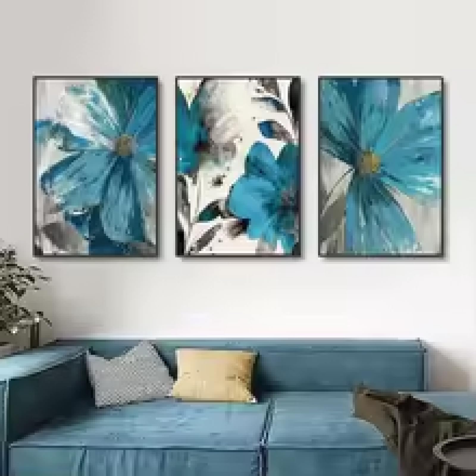 HIPWST Kwitnące życie botaniczny nadruk sztuka ścienna obrazy na płótnie vintage niebieska farba kwiaty salon plakaty sztuka ścienna dekoracja 60 x 80 cm x 3 bez ramy