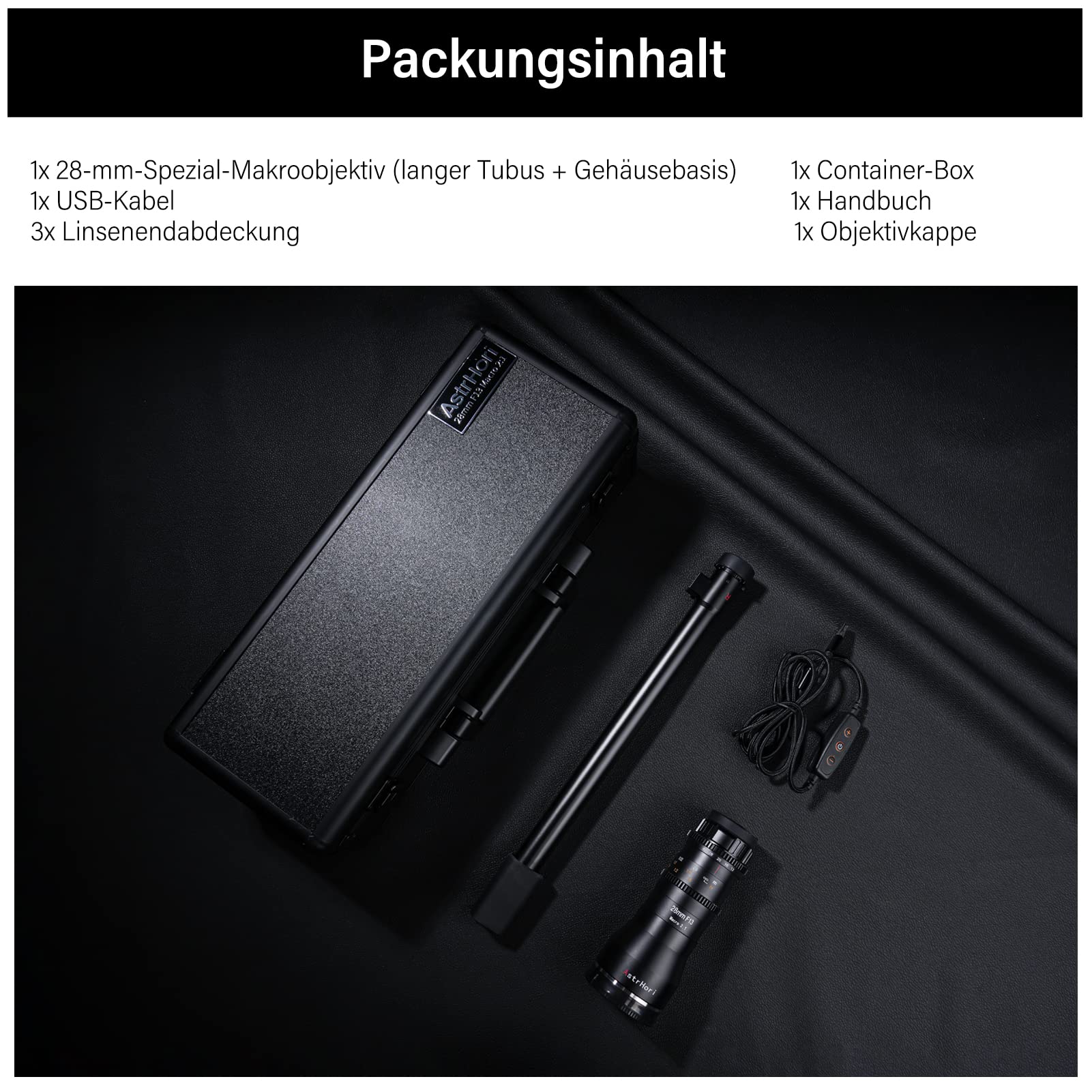 AstrHori 28 mm F13 2X Makrosondenobjektiv Vollformat Spezialobjektiv Eingebautes Ringlicht für spiegellose Kameras der E-Mount-Serie von Sony A7,A7R,A7S,A9,A6000,A6300,A6500,A6600 usw. (Schwarz)