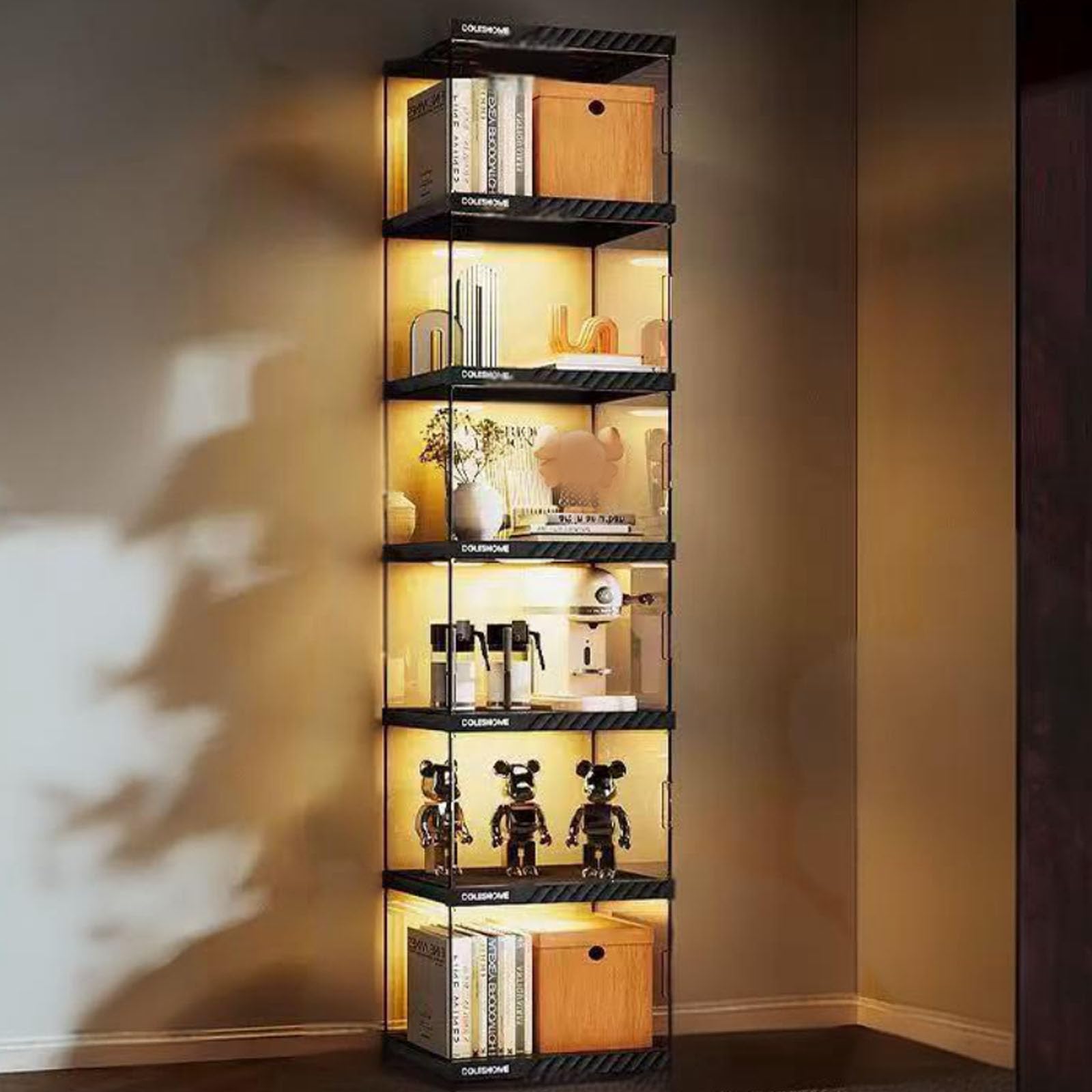 Vitrina de acrílico, Vitrina Cristal con Puerta Magnética,Organizador de Juguetes coleccionables, LED, para Dormitorio, rincón de Lectura, habitación de niños, 6niveles: L×W×H:40*33*184cm
