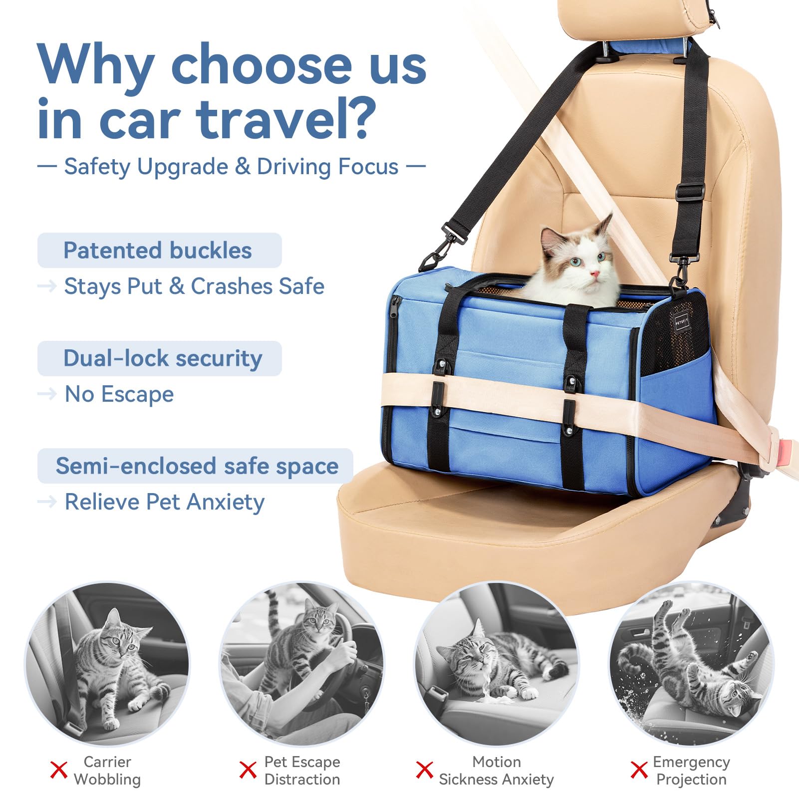 Petsfit Transportbox Katze Hundebox Auto Katzentransportbox Transportbox Hund - Faltbare Tragetasche mit 2 Patent-Schnallen für Autositz, 4-seitigem Netz & Abnehmbarem Kissen, M/Blau