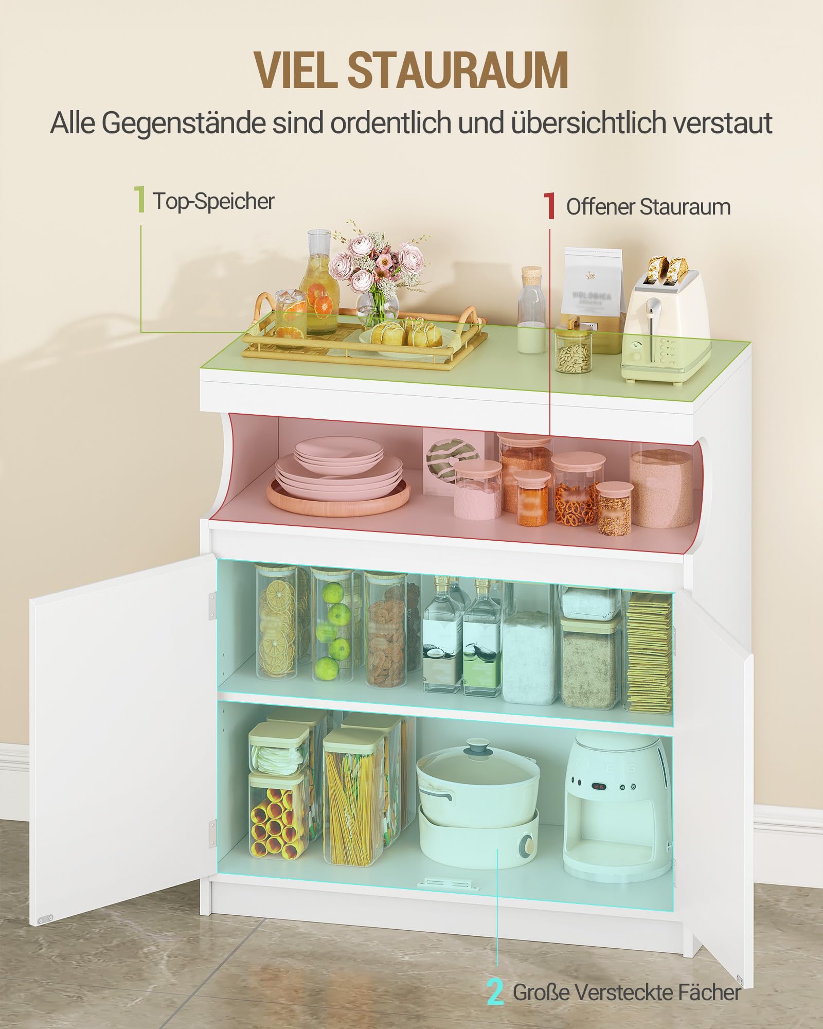 Hzuaneri Sideboard, Küchenschrank mit 2 Türen, Buffetschrank mit Offener Fläche, Aufbewahrungsmöbel, verstellbare Einlegeböden, Küche, Wohnzimmer, 40 x 80 x 85 cm, Weiß SC80003X