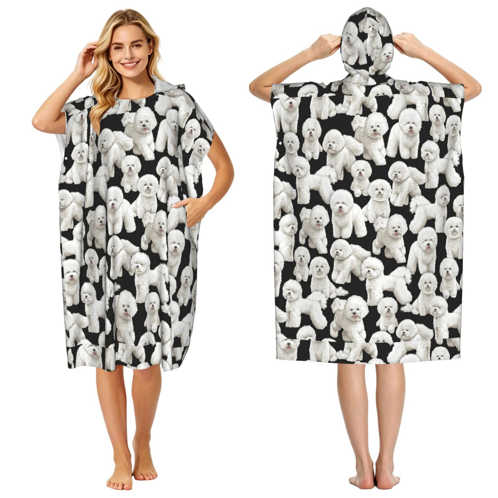 Poadnly Bichon Frise Dog Pattern, Adult Hooded Beach Towel 90 x 110 cm,Changing Bath Robe, Surf Poncho Towel For Women Men
