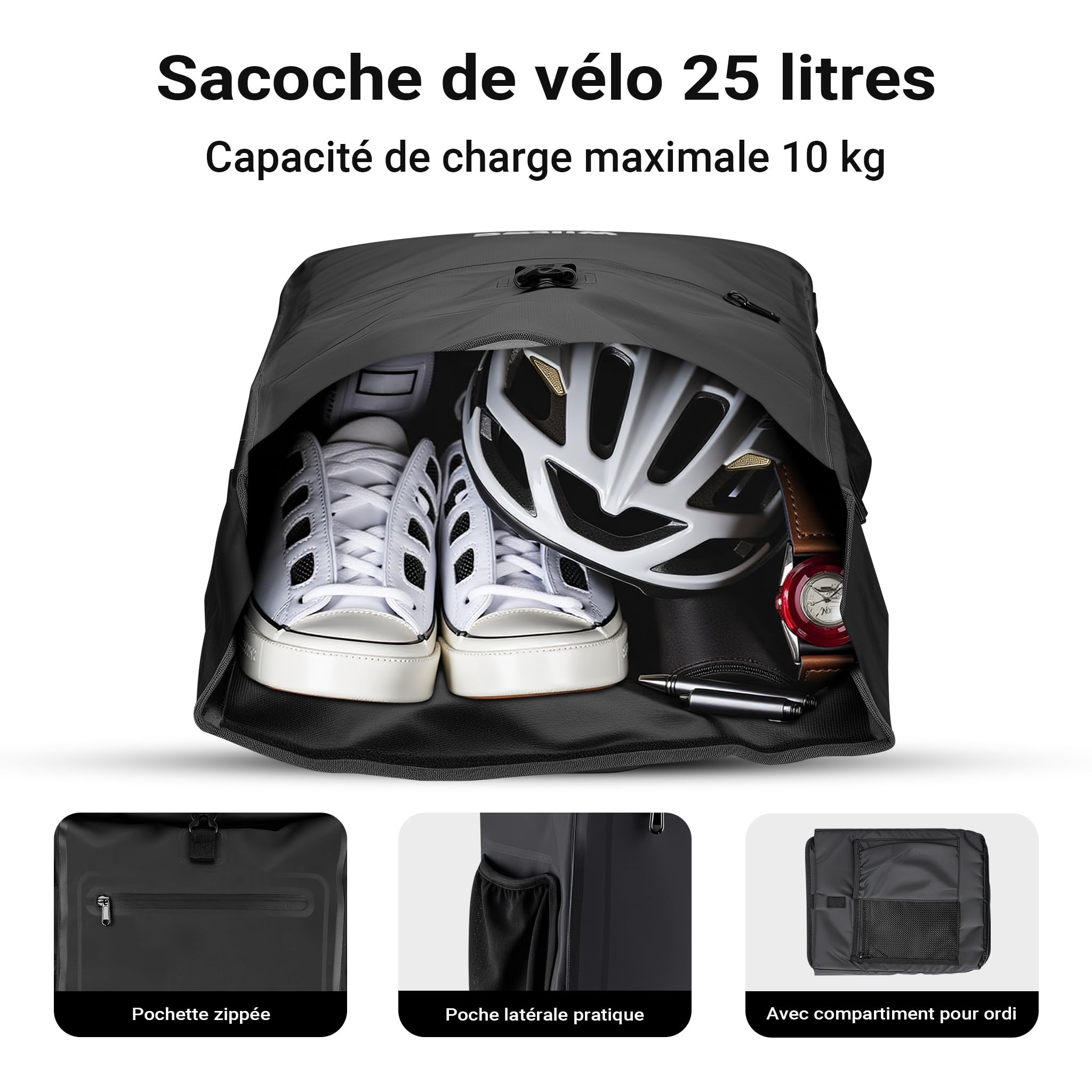 Wiltec Sacoche sac à dos étanche pour porte-bagages noire – capacité de 25 L – en 500D PVC – avec compartiment pour ordinateur portable – pour vélos et vélos électriques – Sac de bicyclette – Cyclisme