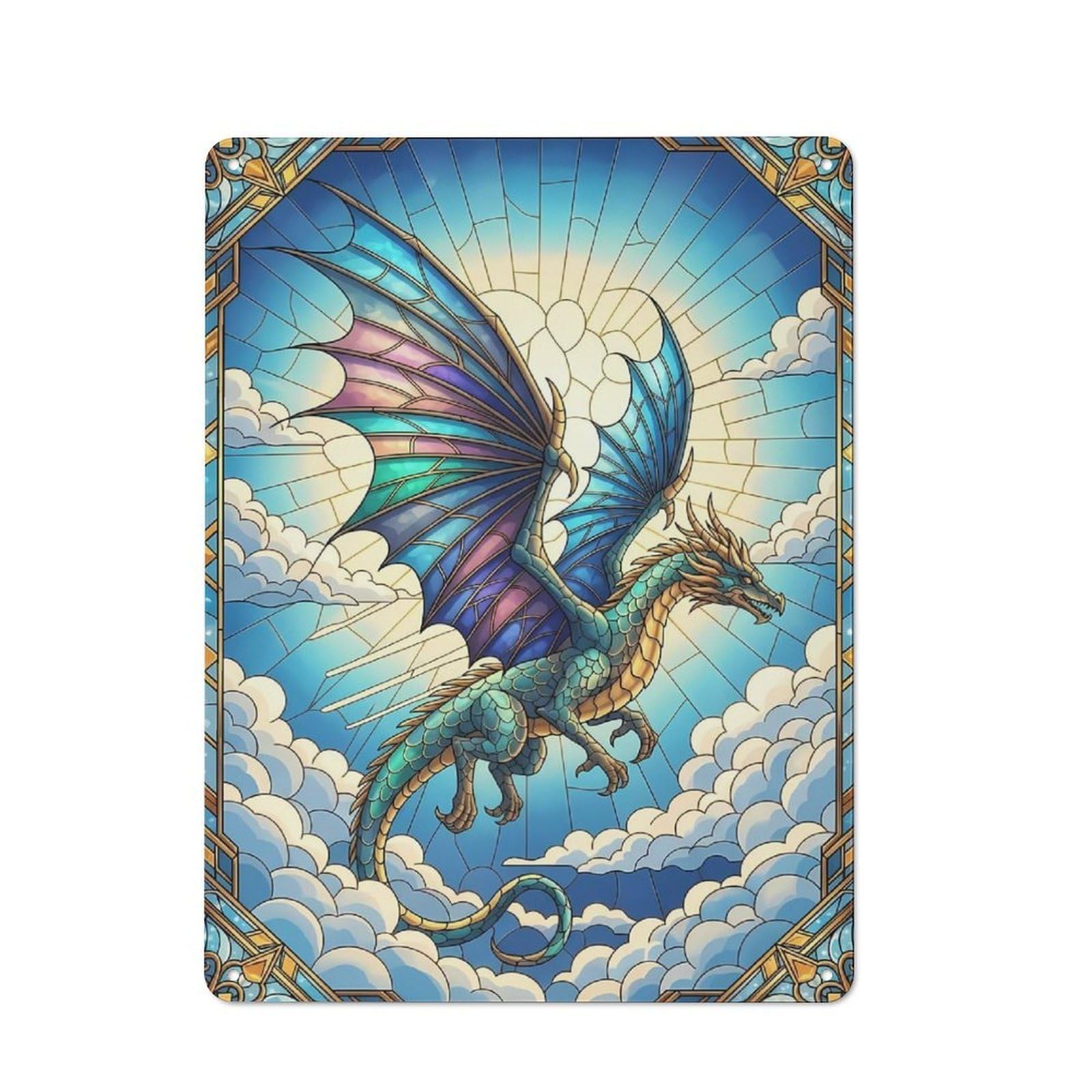 Barn Style Farmhouse Metal Sign 40x30cm Featuring Stained Glass Dragon in The Sky, Cottage Wall Art for Kitchen, Cottage, Porch Or Garden Room