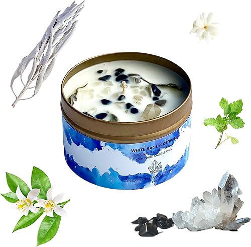 Miniatura 7 de Vela de salvia blanca con cristales de citrino y cuarzo de 6.4 onzas, hecha con cera de soja natural perfumada con aceites esenciales y aromáticos