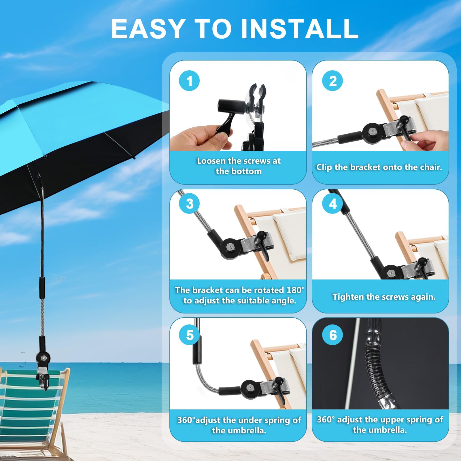 panthem 2er-Pack Sonnenschirm Strand für Stuhl mit Klemmhalterung, UPF 50+ 360° verstellbarer, kompakter Strandschirm für Strandstuhl, Liegestuhl, Campingstuhl, Rollstuhl, Kinderwagen, Reise