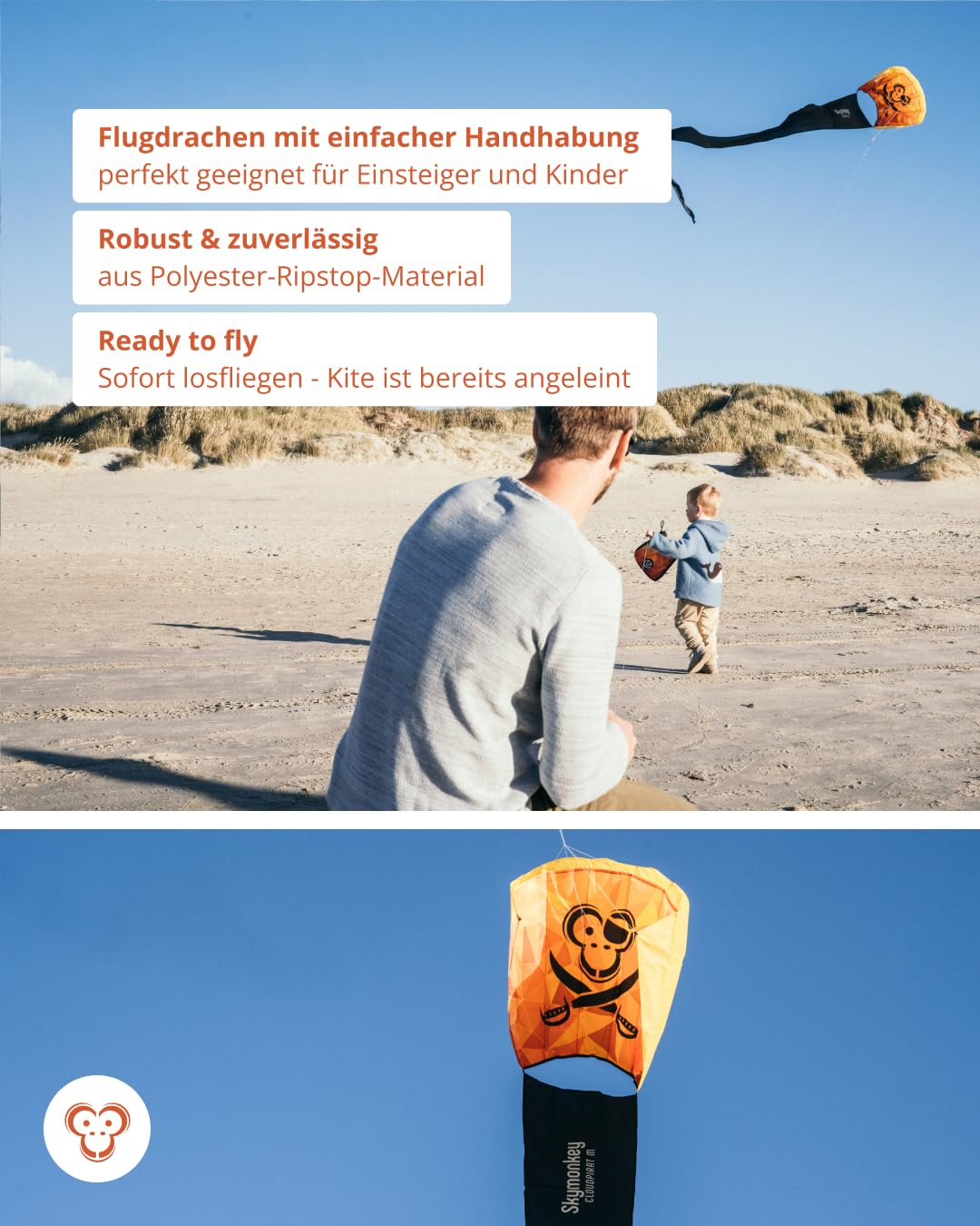 Skymonkey Cloudpirat Kinder Drache Outdoor ab 8 Jahren - inkl. 81 cm Drachenschnur - Größe L, Sunsetorange