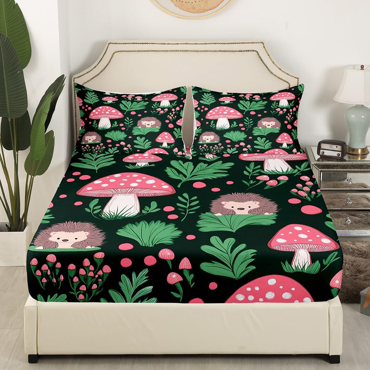 Erosebridal Hedgehog & Mushroom Fitted Sheet,Queen Size Pink Cartoon Animal Print Bed Sheets,Cute Forest Wildlife Fitted Bed Sheets,Whimsical Woodland Animal Theme Bedding Set for Kids Boys Girls