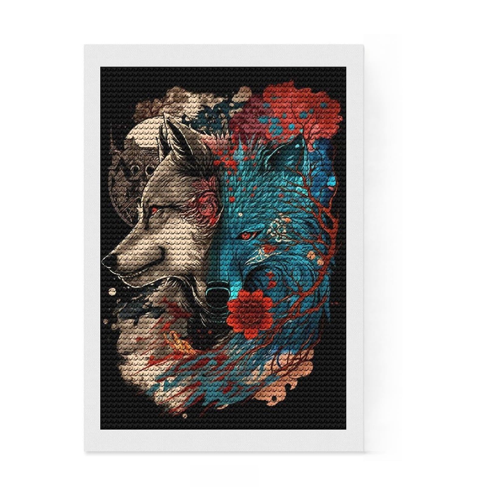 Junmoney Psychedelic Wolf DIY Diamond Art Canvas Kit 8"x12", Stress Relief Craft, Boho Decor, for Family Craft Time, Festive Craft Gift
