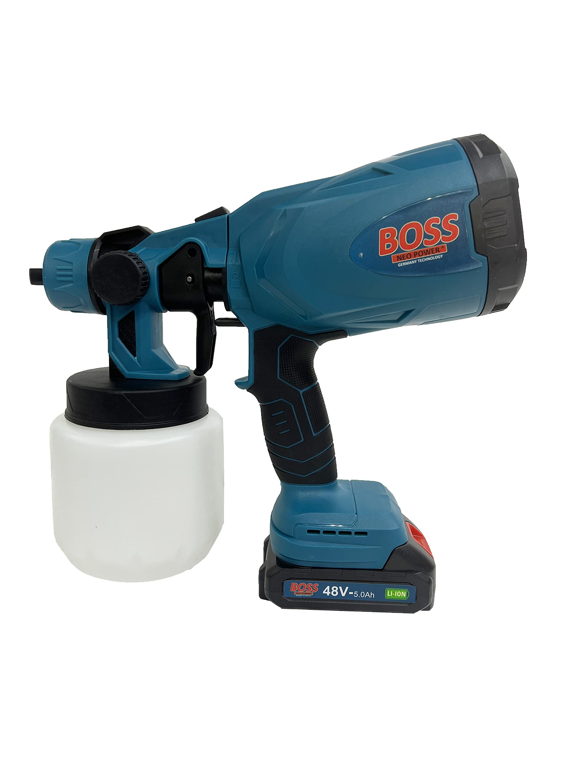 BOSS NEO POWER - 48V BATTERY CORDLESS SPRAY GUN WITH 2 BATTERIES + ADJUSTABLE VALVE KNOB FOR PAINT,PESTICIDING, WALL,CAR PAINT ETC, FOR HOME AND PROFESSIONAL USE 800 ML CONTAINER