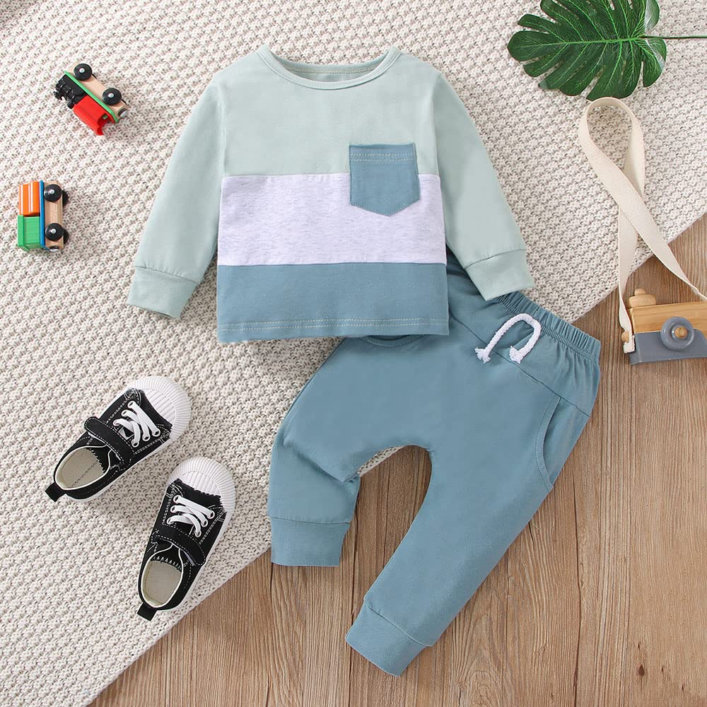 0-5T Newborn Baby Boy Clothes Color Block Pullover Sweatshirt Top Elastic Waist Pockets 2Pcs Warm Fall Winter Outfit (Long Sleeve Blue, 6-12 Months), Toddler