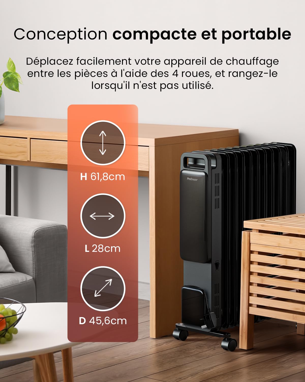 Pro Breeze OmniWarm Radiateur Bain d'Huile 2500W, 11 éléments - Chauffage Électrique - Écran Digital, Mode Éco, 3 Niveaux de Chauffage, Thermostat Réglable, Sécurité Anti-basculement & Minuteur 24H