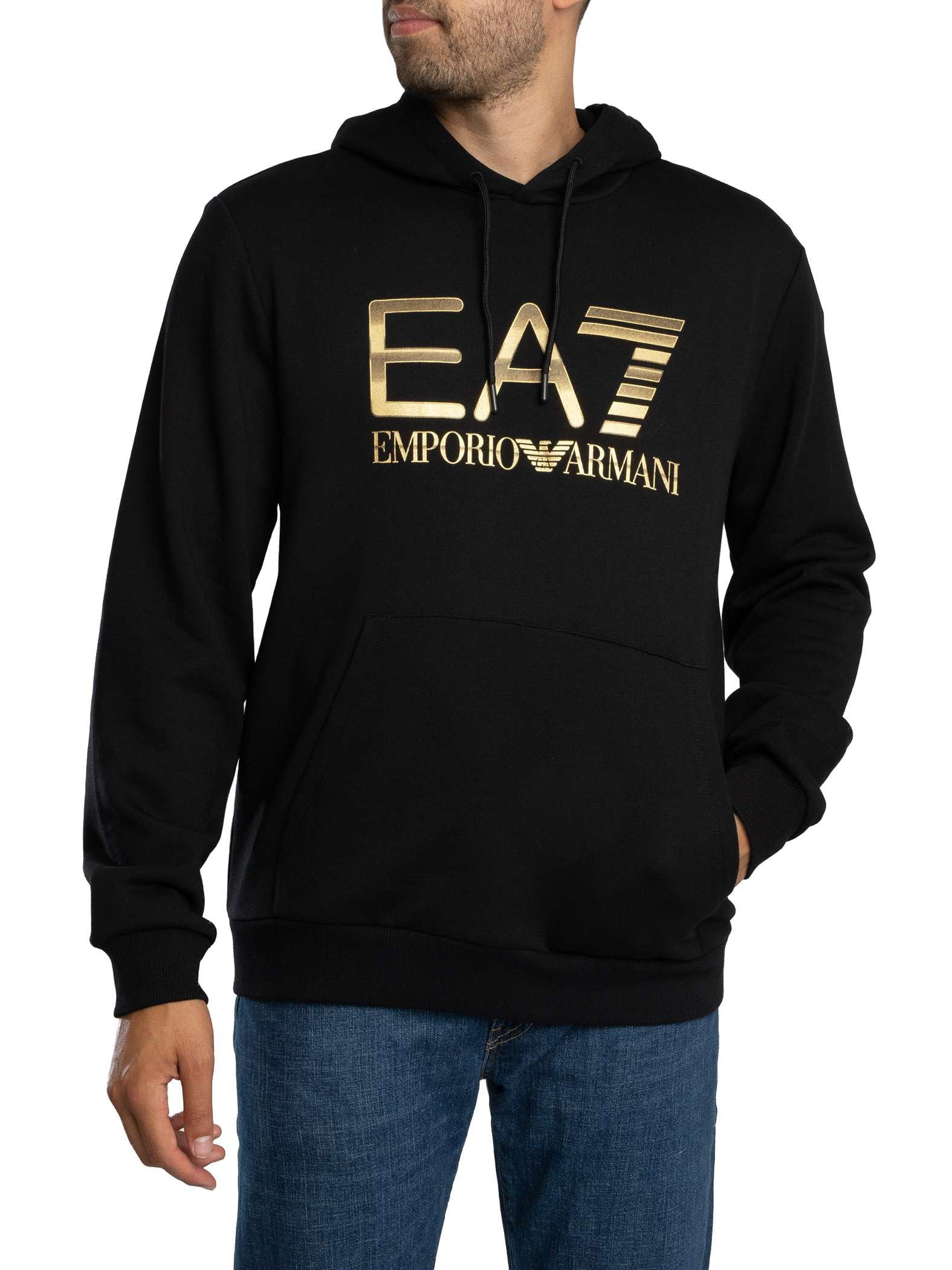EA7 Men's Train Big Logo Pullover Hoodie, Black/Gold, M