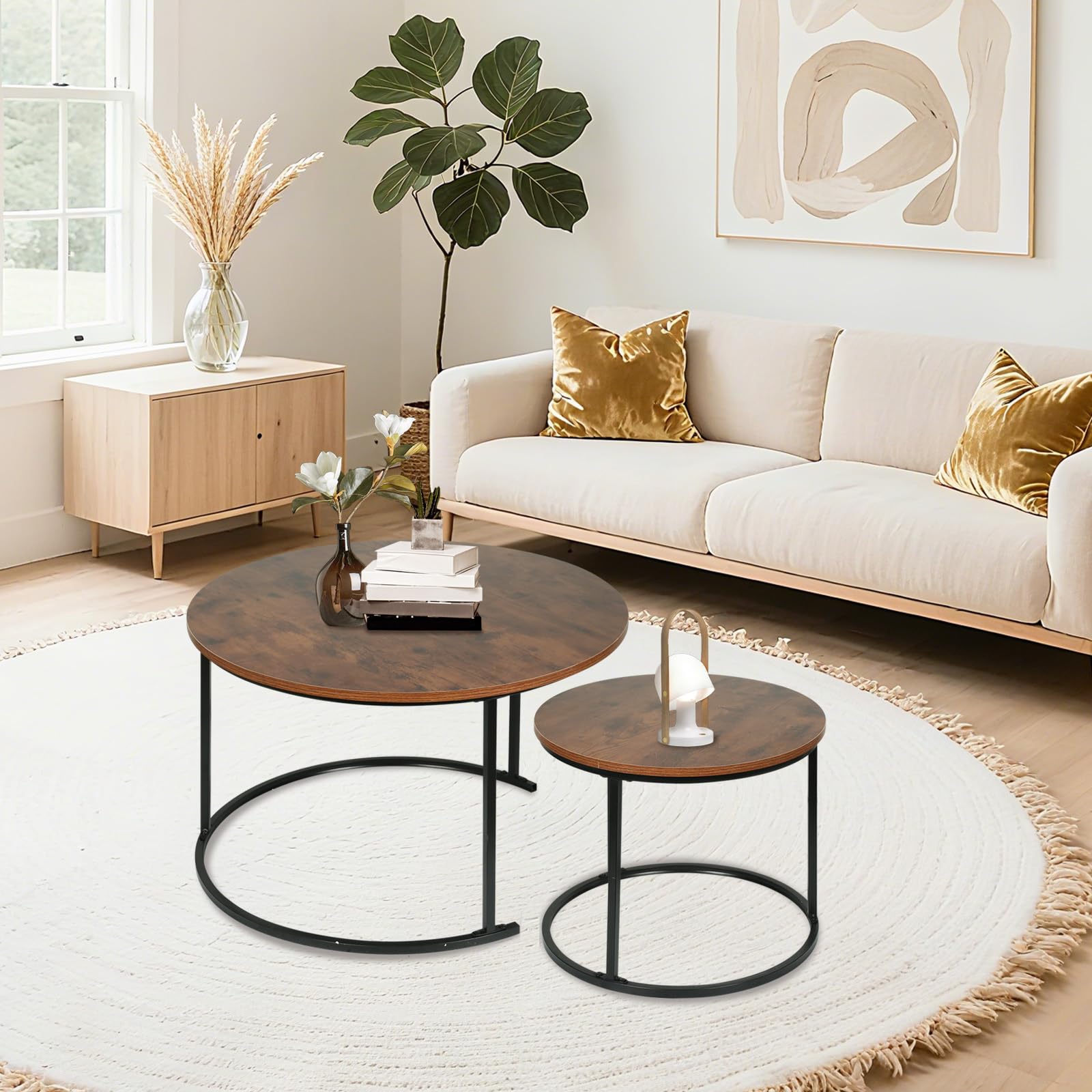 OHMG Lot de 2 Tables Basses gigognes,Table Basse Ronde,Empilable,Design Industriel,Table Basse de Salon,Pieds en métal,Tables de d'appoint,70/50CM Effet marbre (Bois foncé+Noir-70 * 70 * 45cm)