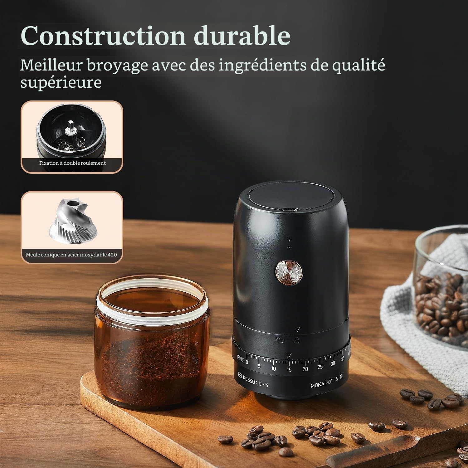 Moulin à café électrique, petit moulin à café rechargeable, noyau de broyage en acier inoxydable avec paramètres externes réglables, moulin à café électrique portable sans fil – Noir