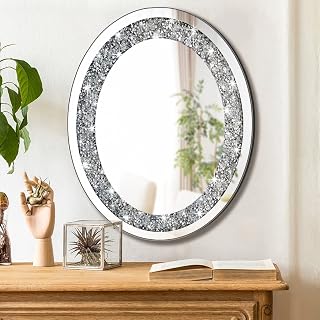 DMDFIRST Crystal Crushed Diamond Oval Shaped Glam Bling Silver Mirror for Wall Decoration 16x20x0.9 inch Wall Hang Frameless Sparkly Mirror Glass Stunning Home Diamond Decor