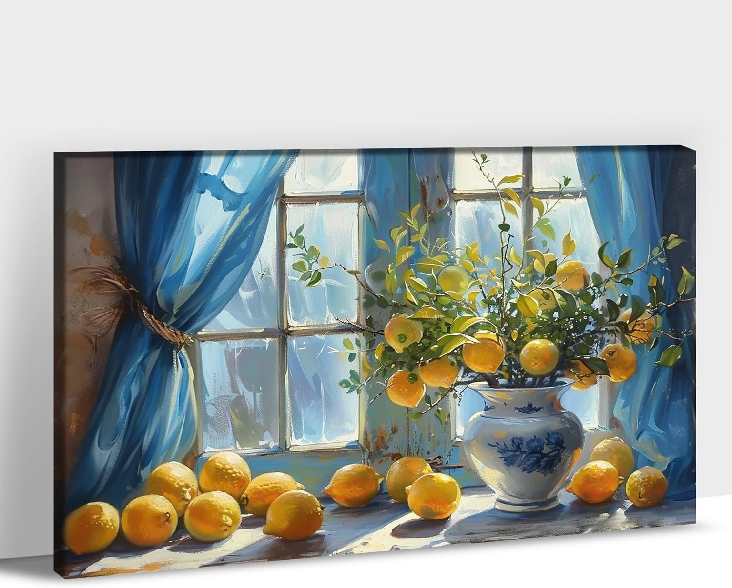 Lemon Wall Art, Vintage Yellow Lemon Canvas Prints for Kitchen Wall Decor, Framed Rustic Flowers In Vase Posters, French Country Farmhouse Landspace Still Life for Living Room Artwork 18x24 Inches