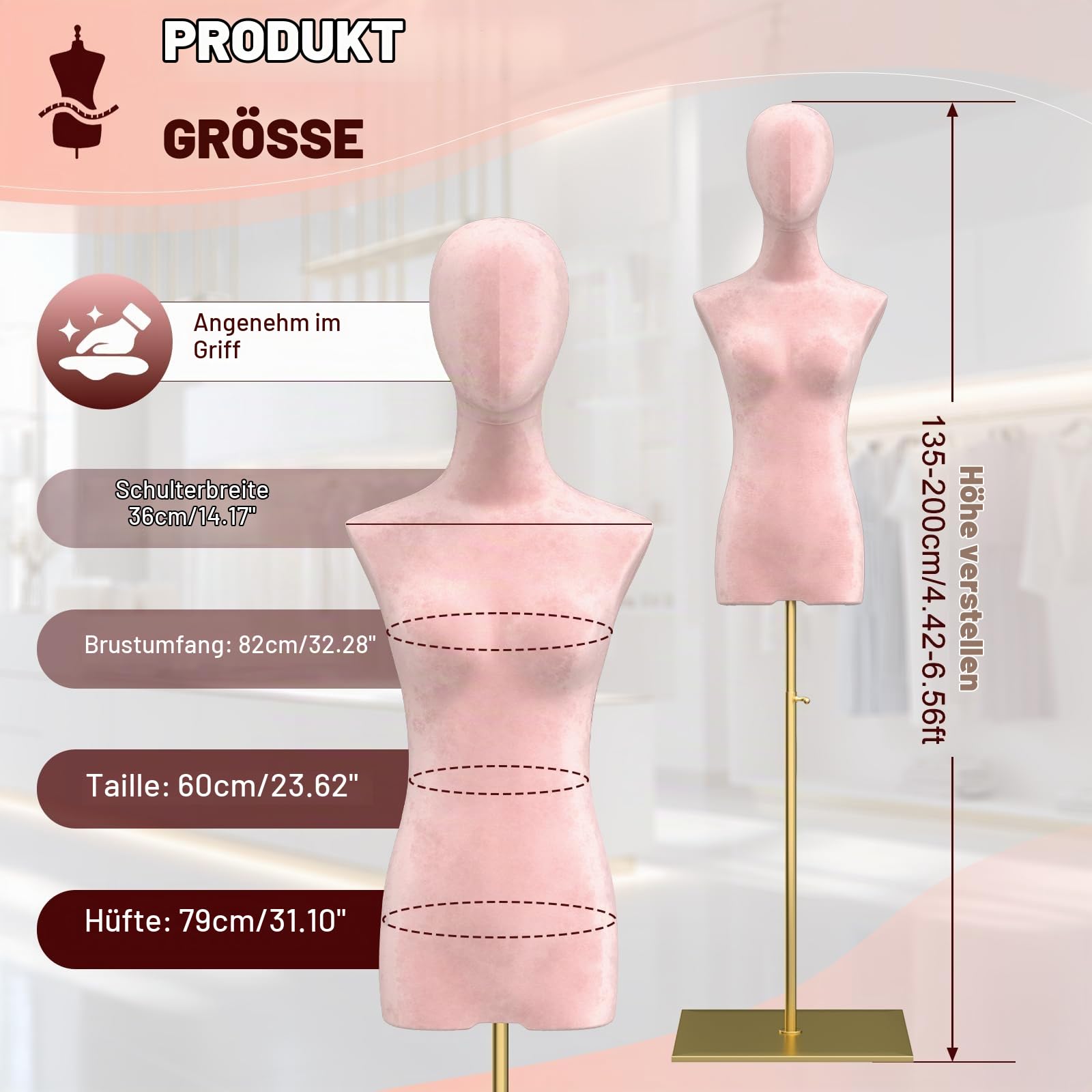 HIYOUGO Schaufensterpuppe, Samt Weiblich Schneiderpuppe, Rosa | Schneiderbüste mit Verstellbarer Höhe Damenbüste Mannequin Kleiderpuppe Torso Weibliche Büste Kleid Ausstellungsstand